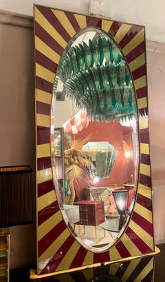 Rectangular Mirror with Gold and Burgundy Opaline Glass Frame, 1970s