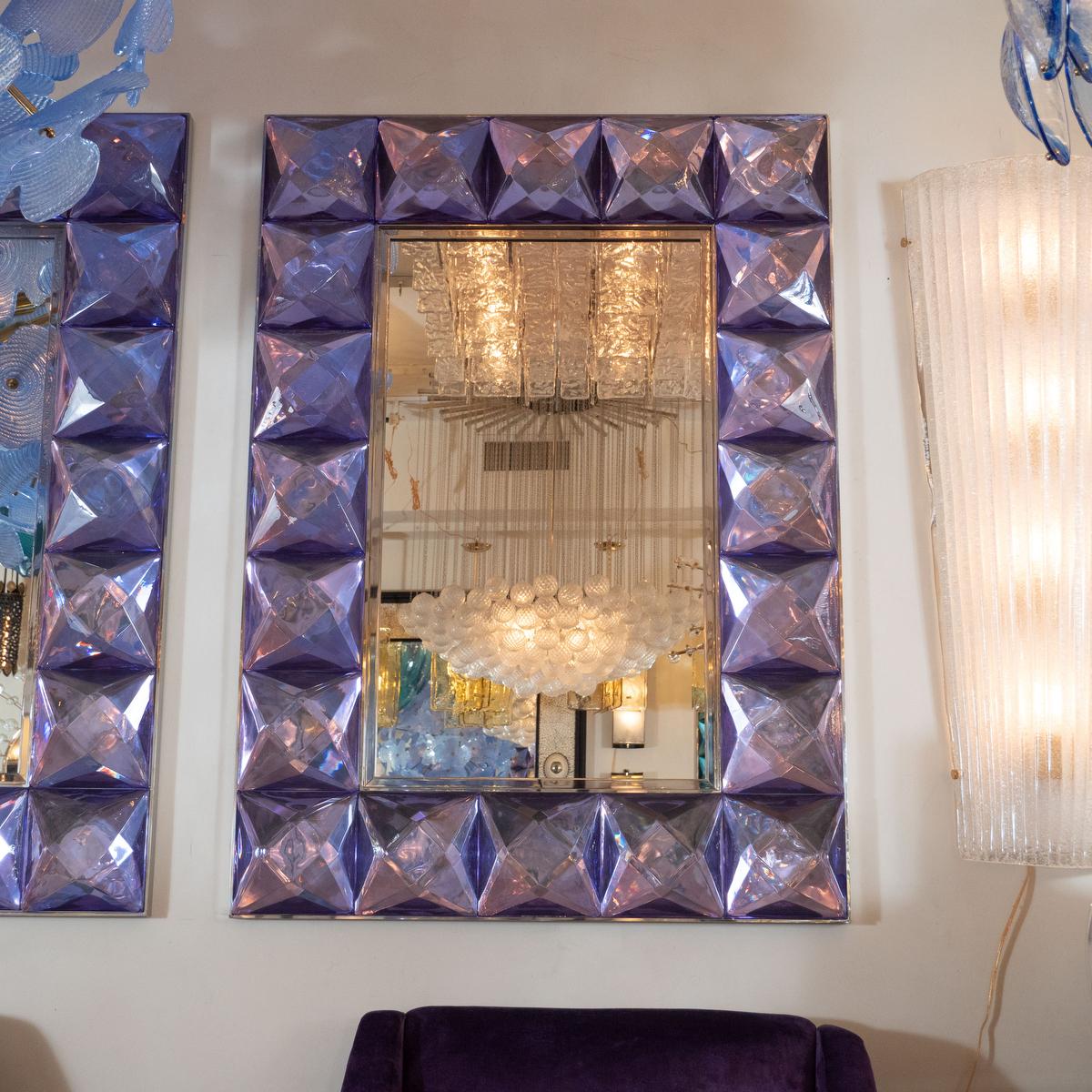 Mid-Century Modern Rectangular Mirror with Lavender Glass Jewel Surround For Sale