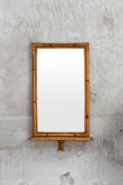 Rectangular mirror with pressed bamboo shelf and bamboo cane frame – Italy 1970