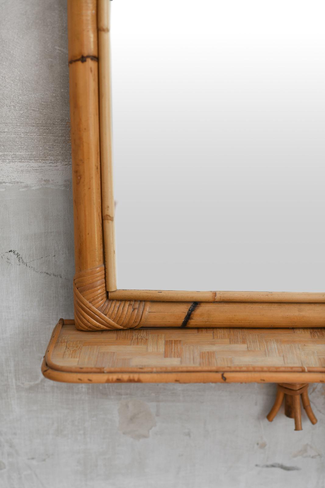 Italian Rectangular mirror with pressed bamboo shelf and bamboo cane frame – Italy 1970 For Sale