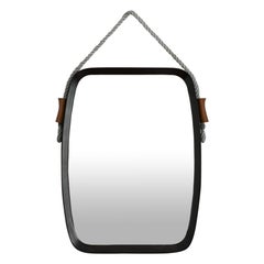 Rectangular Mirror with wooden frame and Leather cord Details, 1950s
