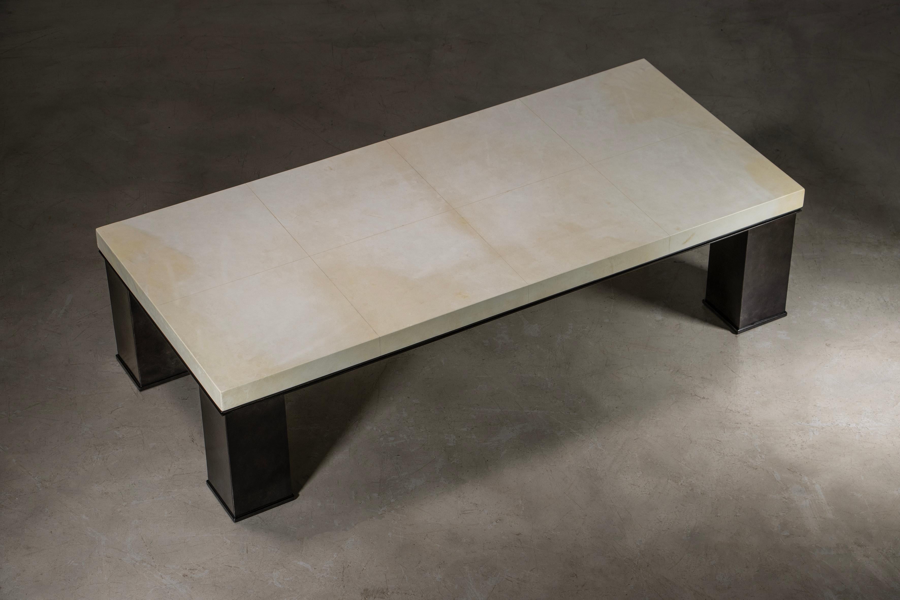 Goatskin Rectangular Modern Metal and Parchment Coffee Table by Costantini, Michelangelo For Sale