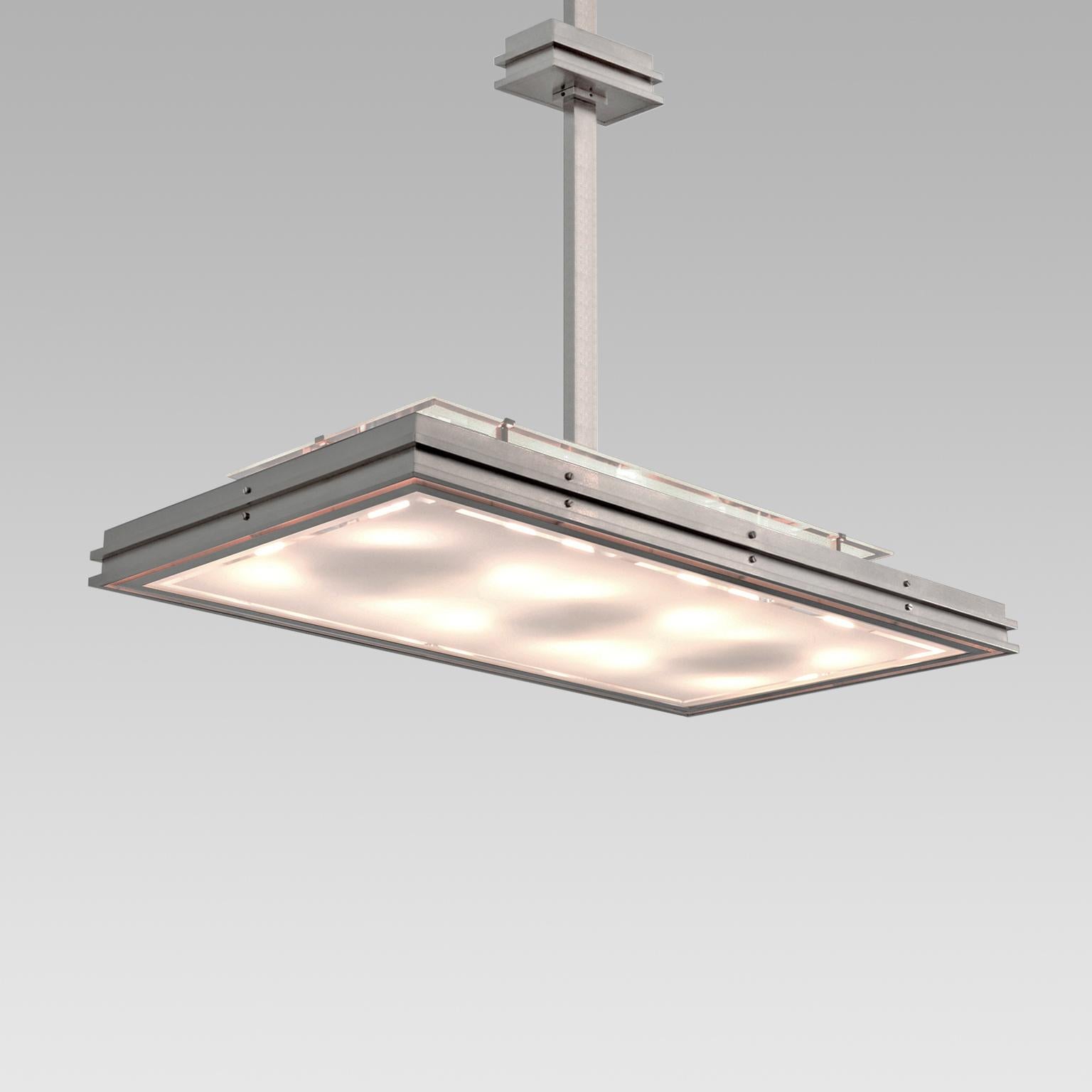 Rectangular modernist pendant light, nickel-plated brass, matte, etched opal glass. 
Customizable, production time c. 10 weeks.