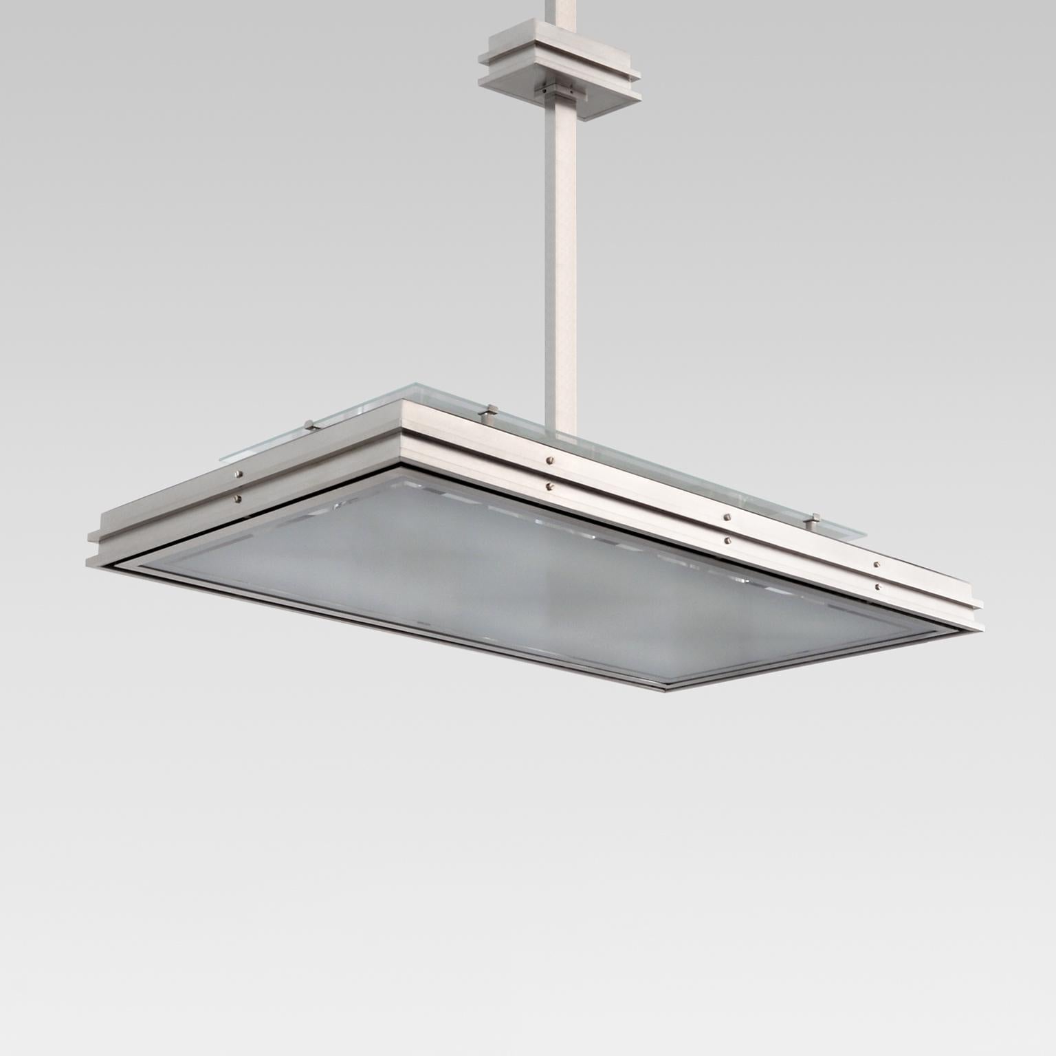 Rectangular Modernist Pendant Light, Nickel Plated Brass, Opal Glass, Bespoke Moderno en venta