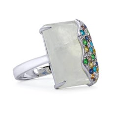 Rectangular Moonstone Ring, 18 Karat White Gold
