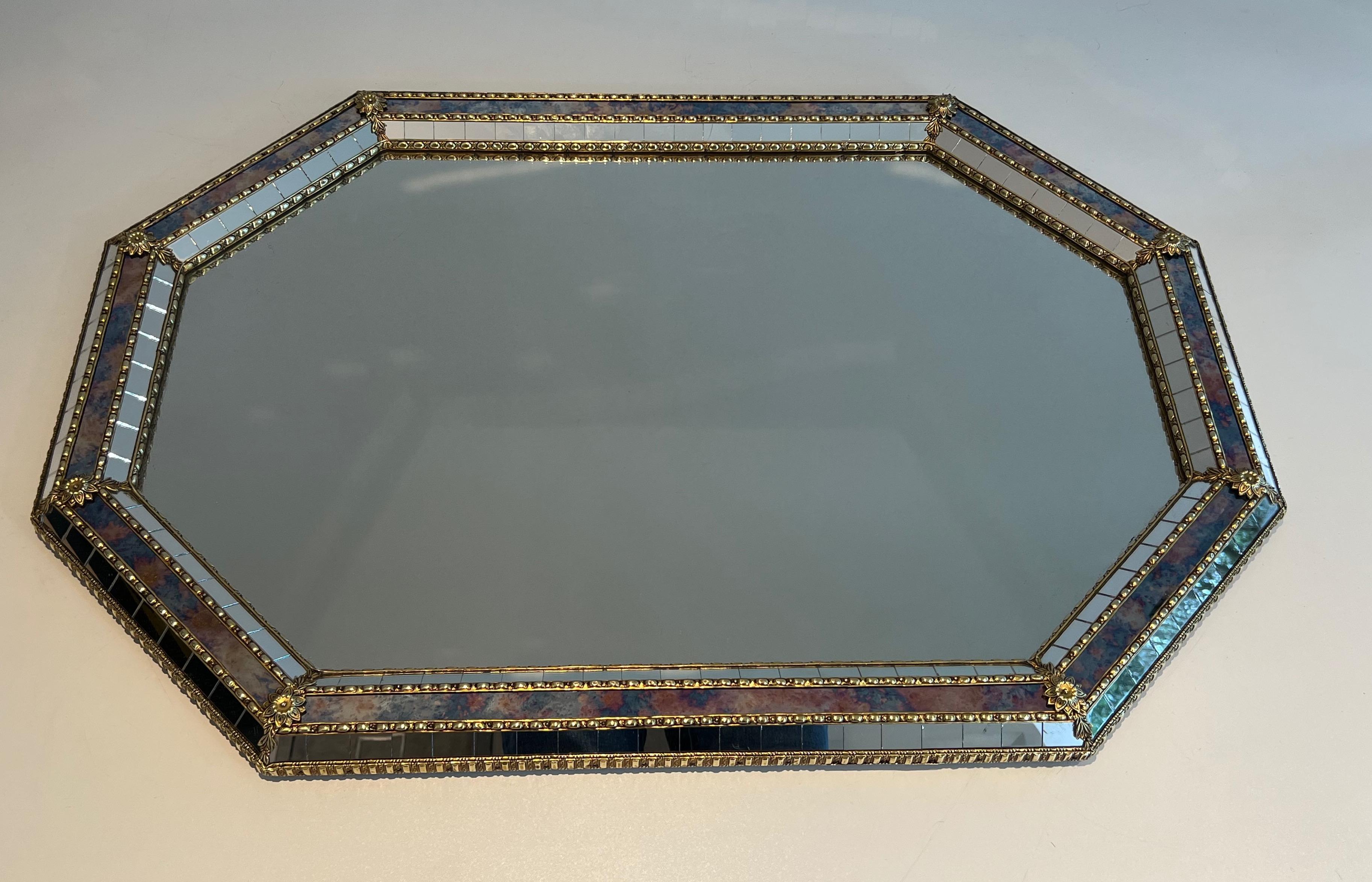 Neoclassical Rectangular Multi-Facets Mirror with Brass Garlands For Sale