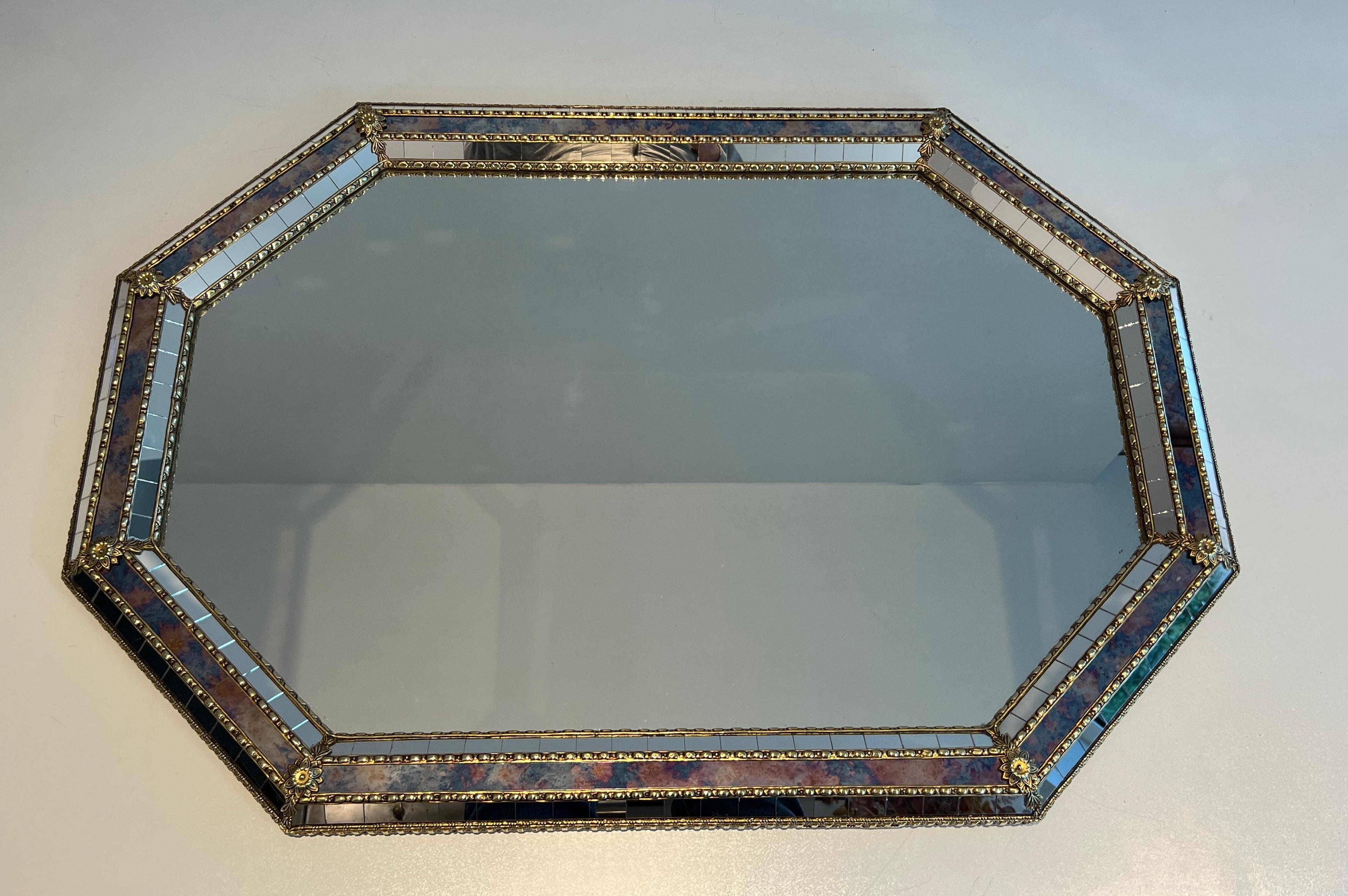 French Rectangular Multi-Facets Mirror with Brass Garlands For Sale