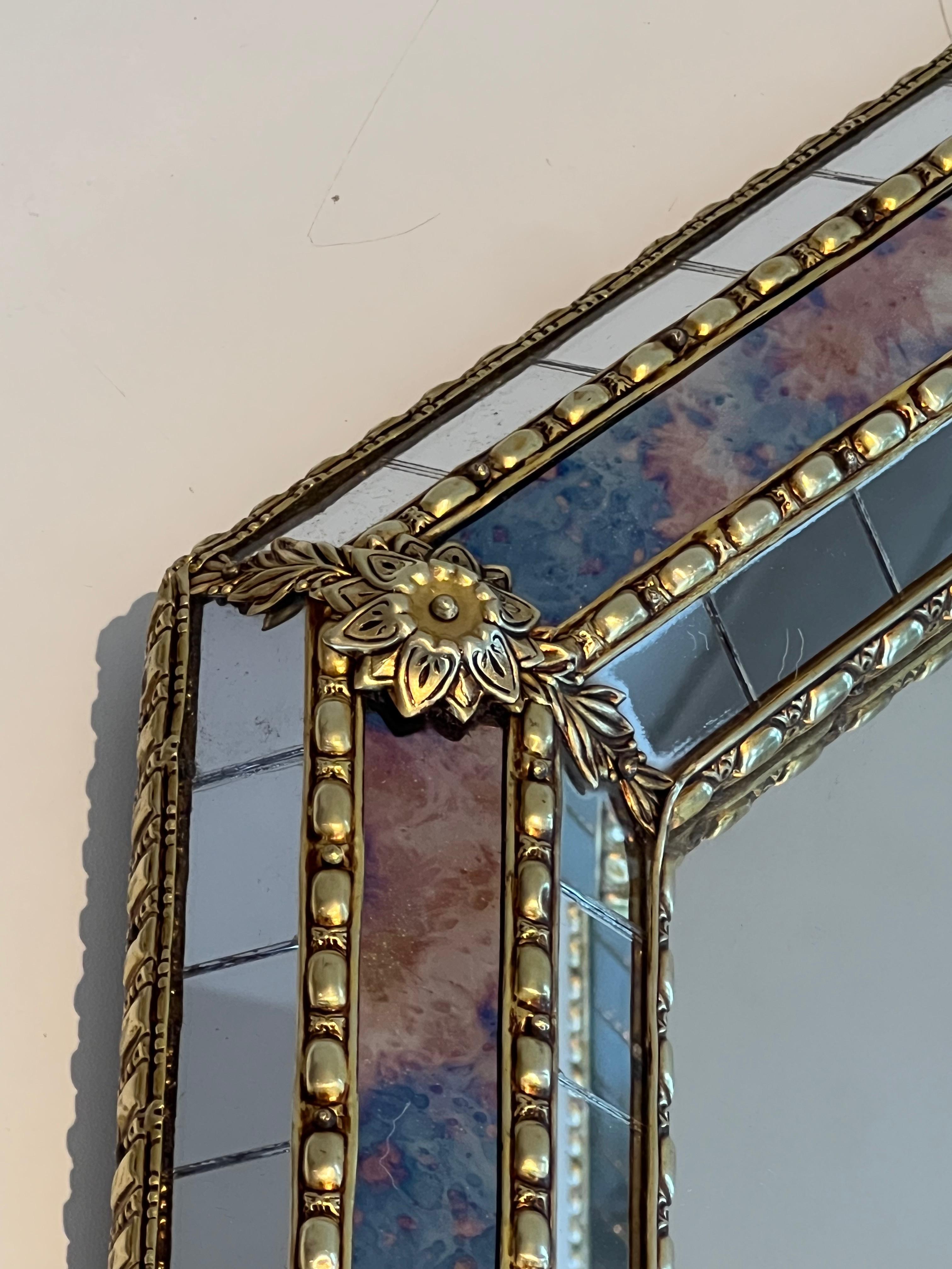 Rectangular Multi-Facets Mirror with Brass Garlands In Good Condition For Sale In Marcq-en-Barœul, Hauts-de-France