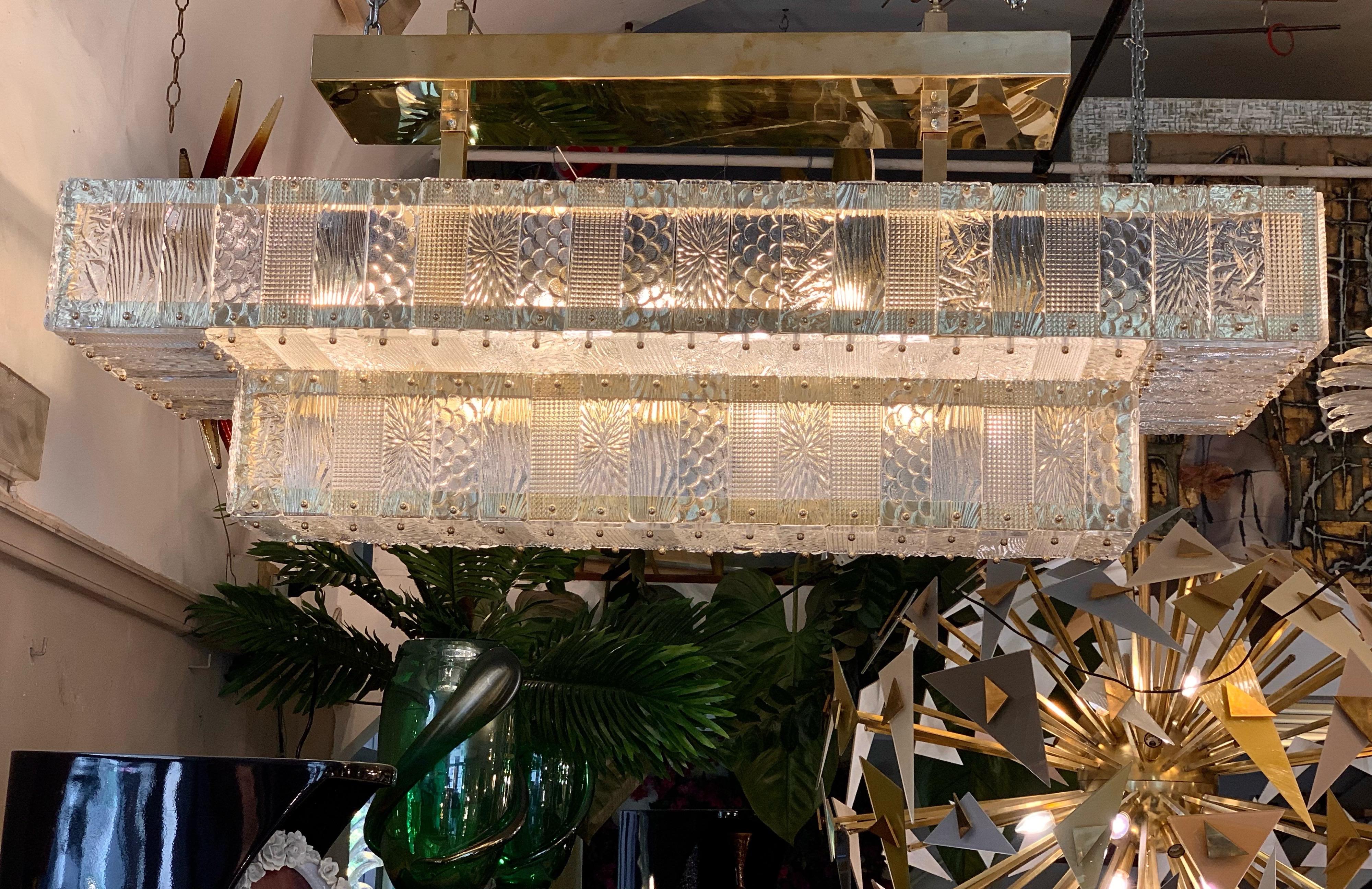 Mid-Century Modern Rectangular Murano Clear Glass Chandelier with Brass Fittings, 1950s