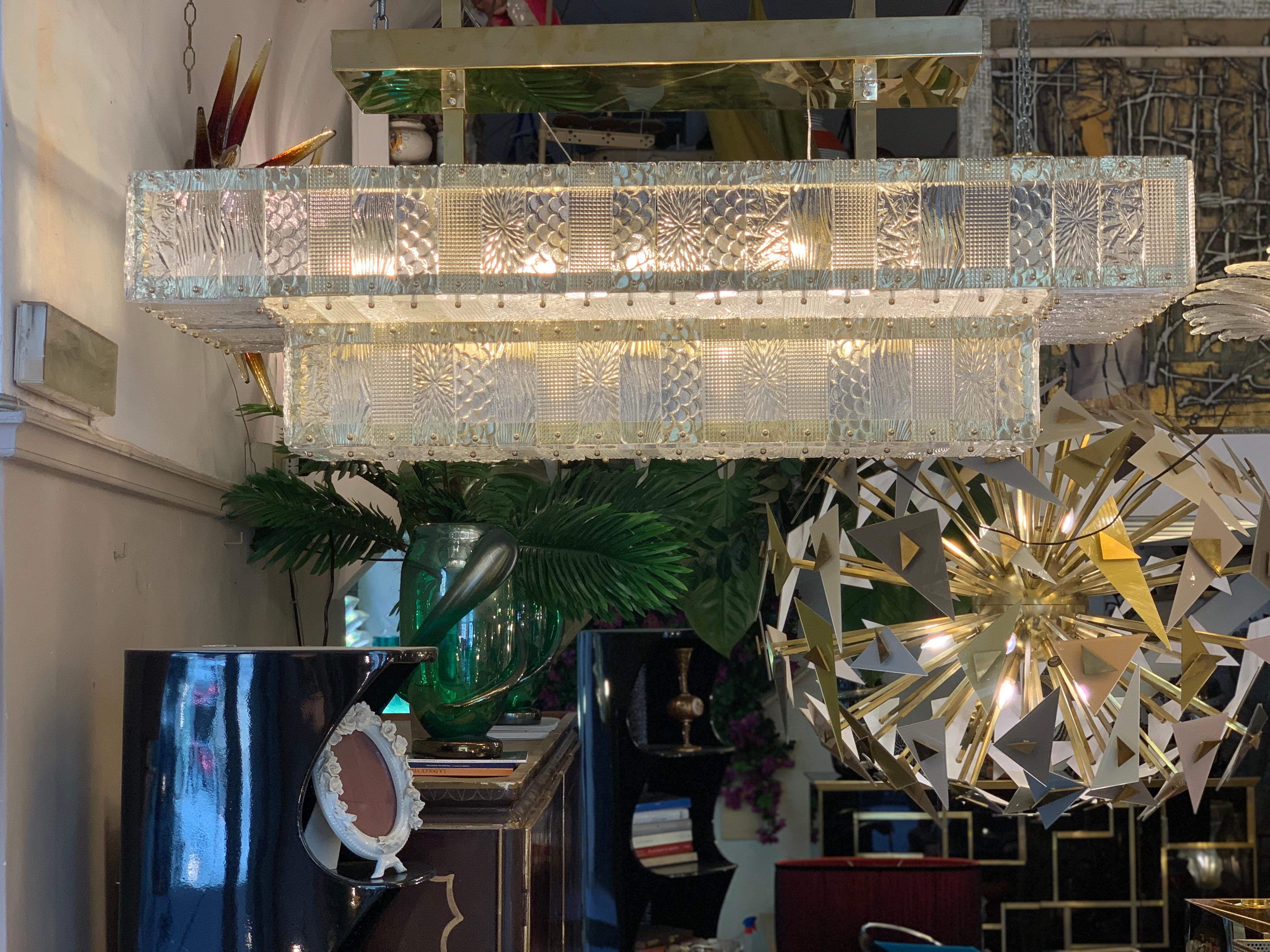 European Rectangular Murano Clear Glass Chandelier with Brass Fittings, 1950s