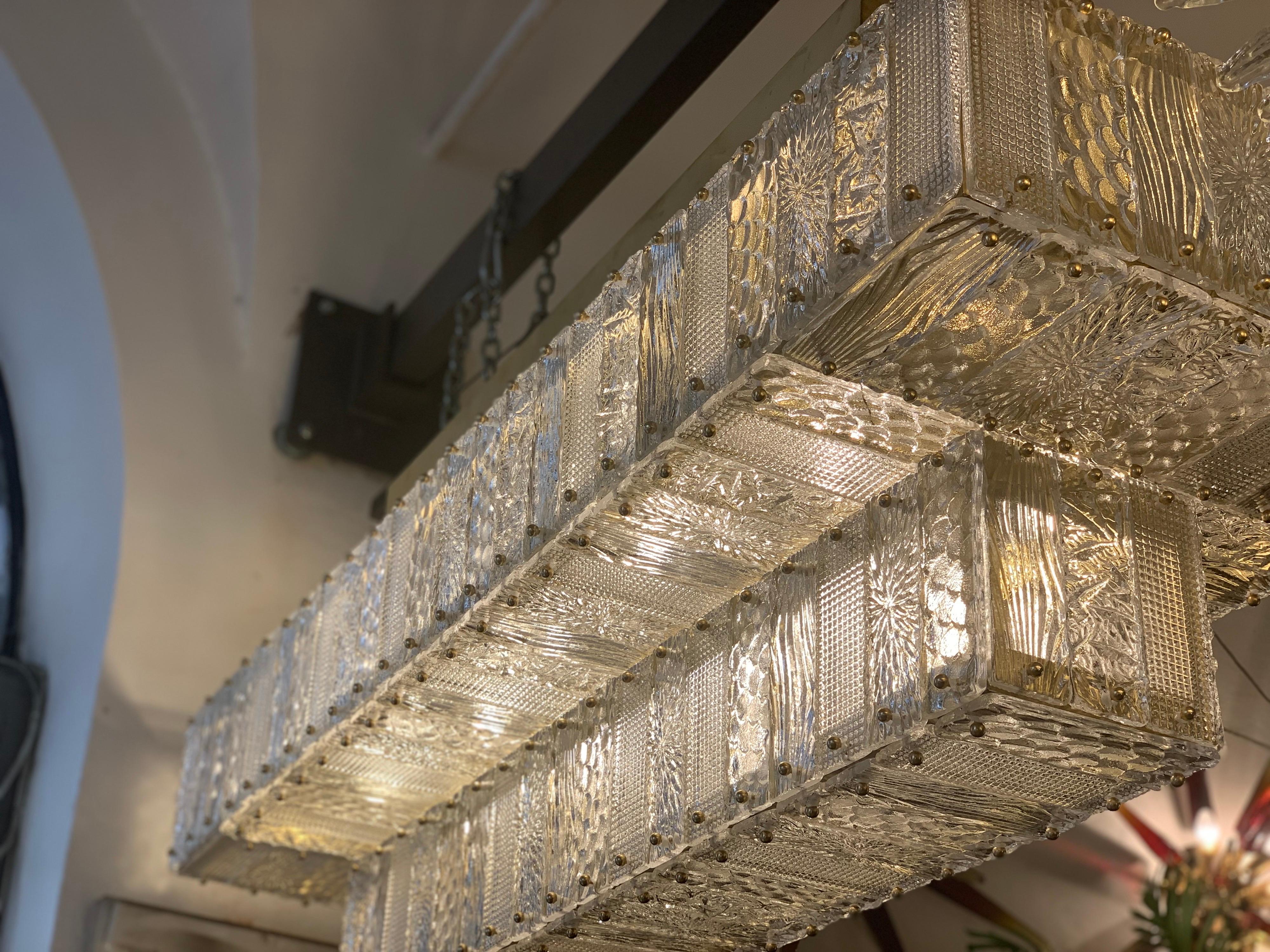Engraved Rectangular Murano Clear Glass Chandelier with Brass Fittings, 1950s