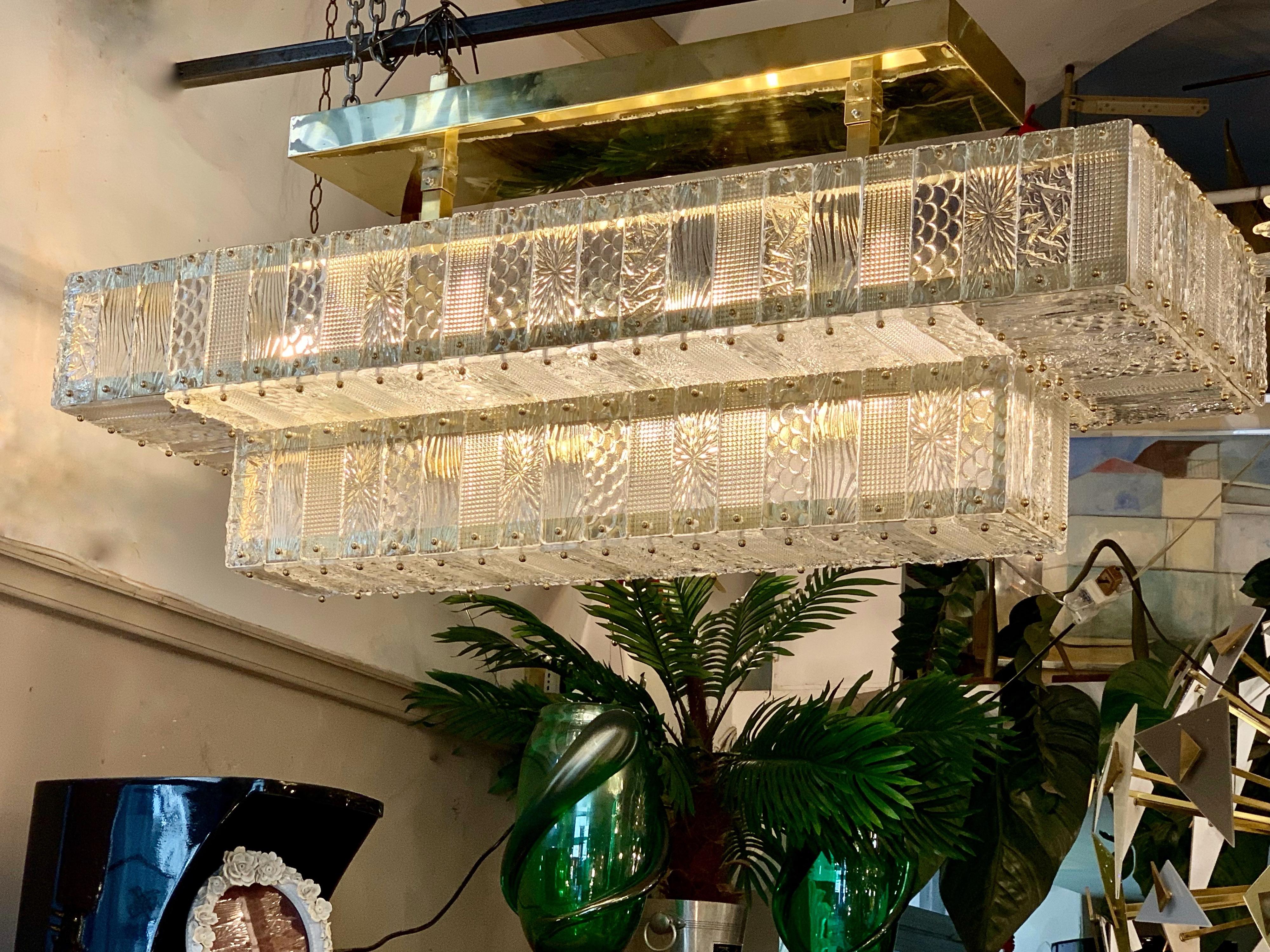 Mid-20th Century Rectangular Murano Clear Glass Chandelier with Brass Fittings, 1950s