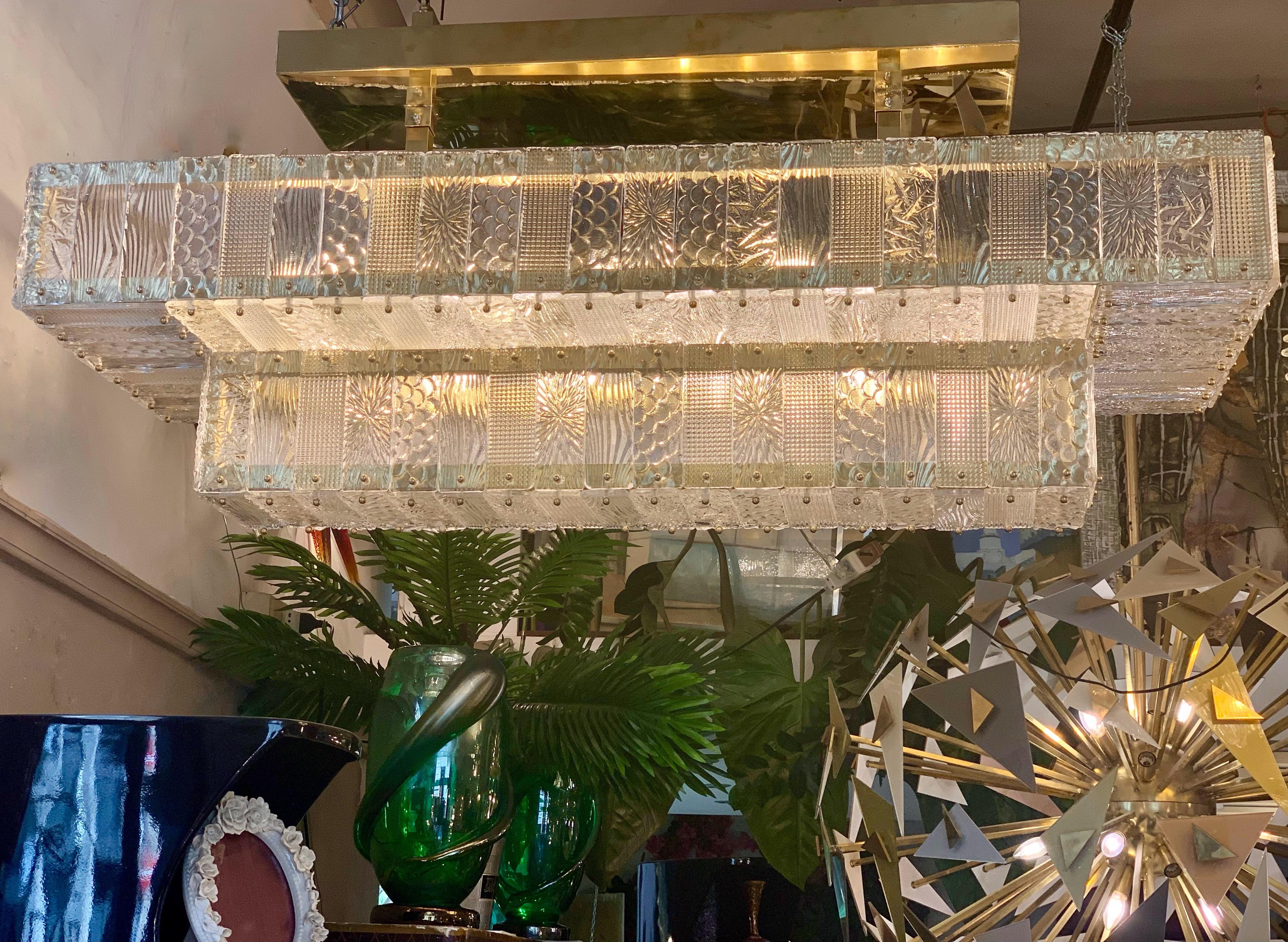 Rectangular Murano Clear Glass Chandelier with Brass Fittings, 1950s 1
