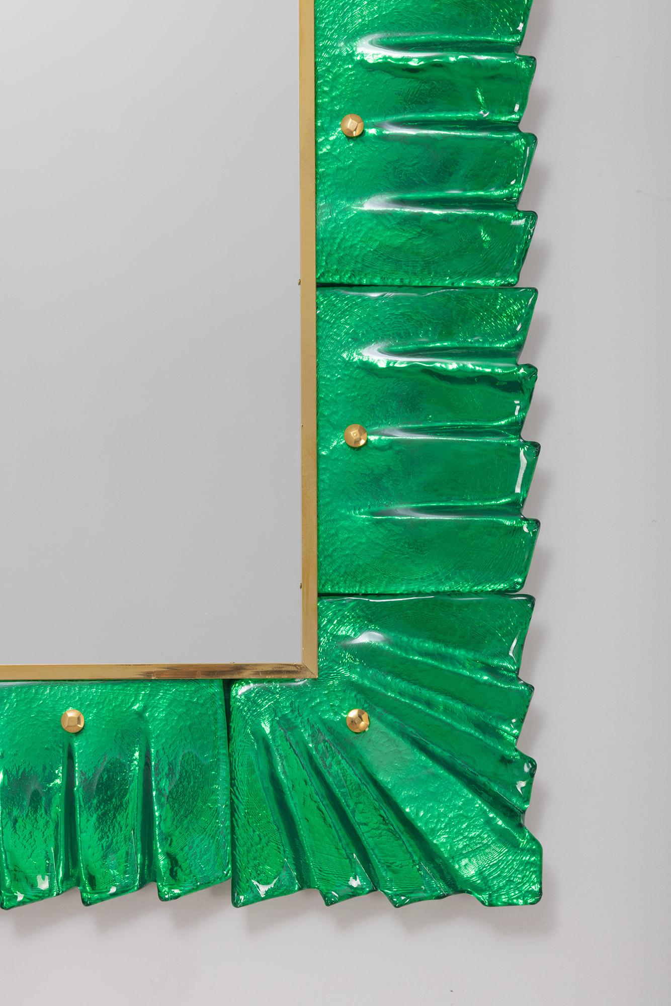 Italian  Rectangular Murano Emerald Green Glass Framed Mirrors, in Stock For Sale