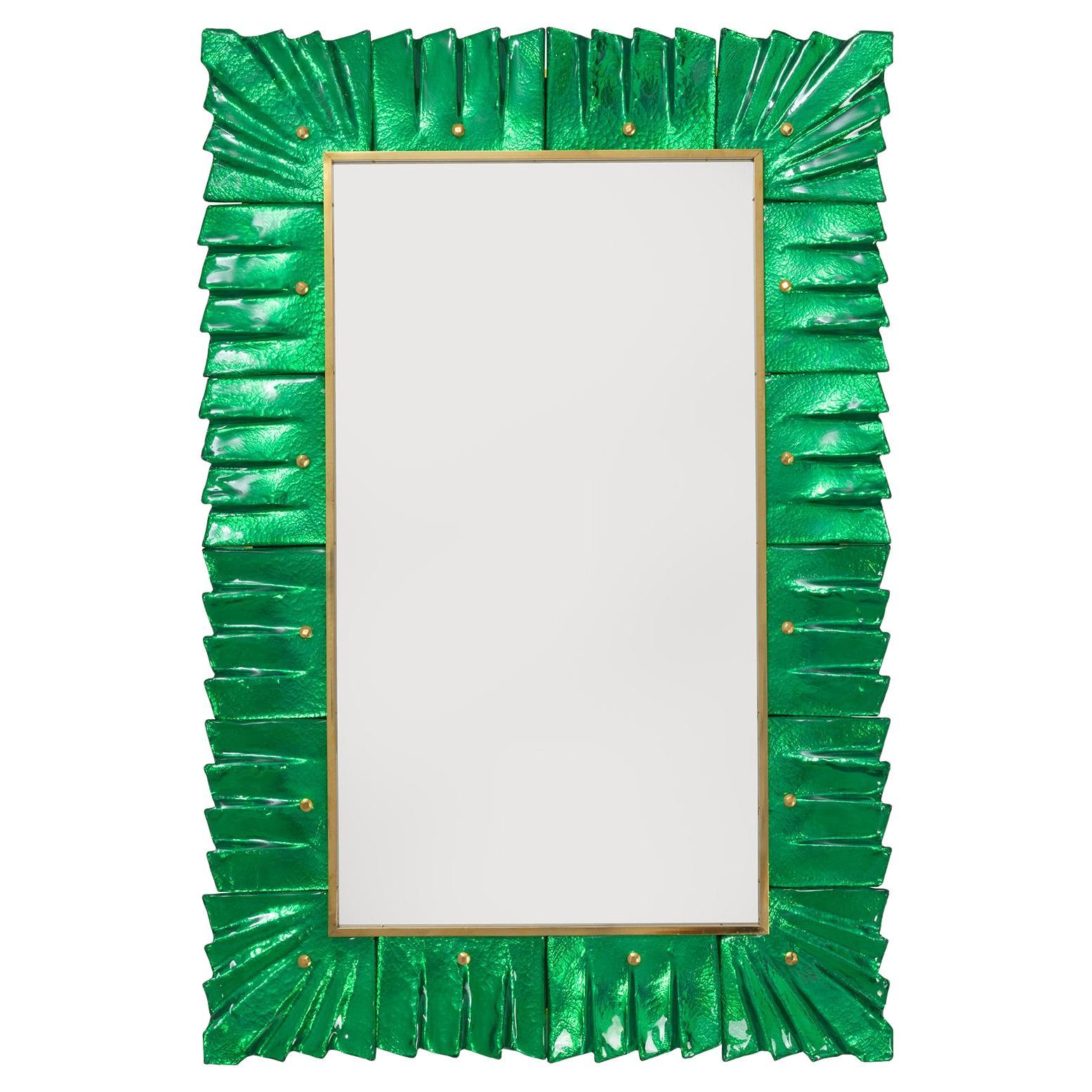  Rectangular Murano Emerald Green Glass Framed Mirrors, in Stock For Sale