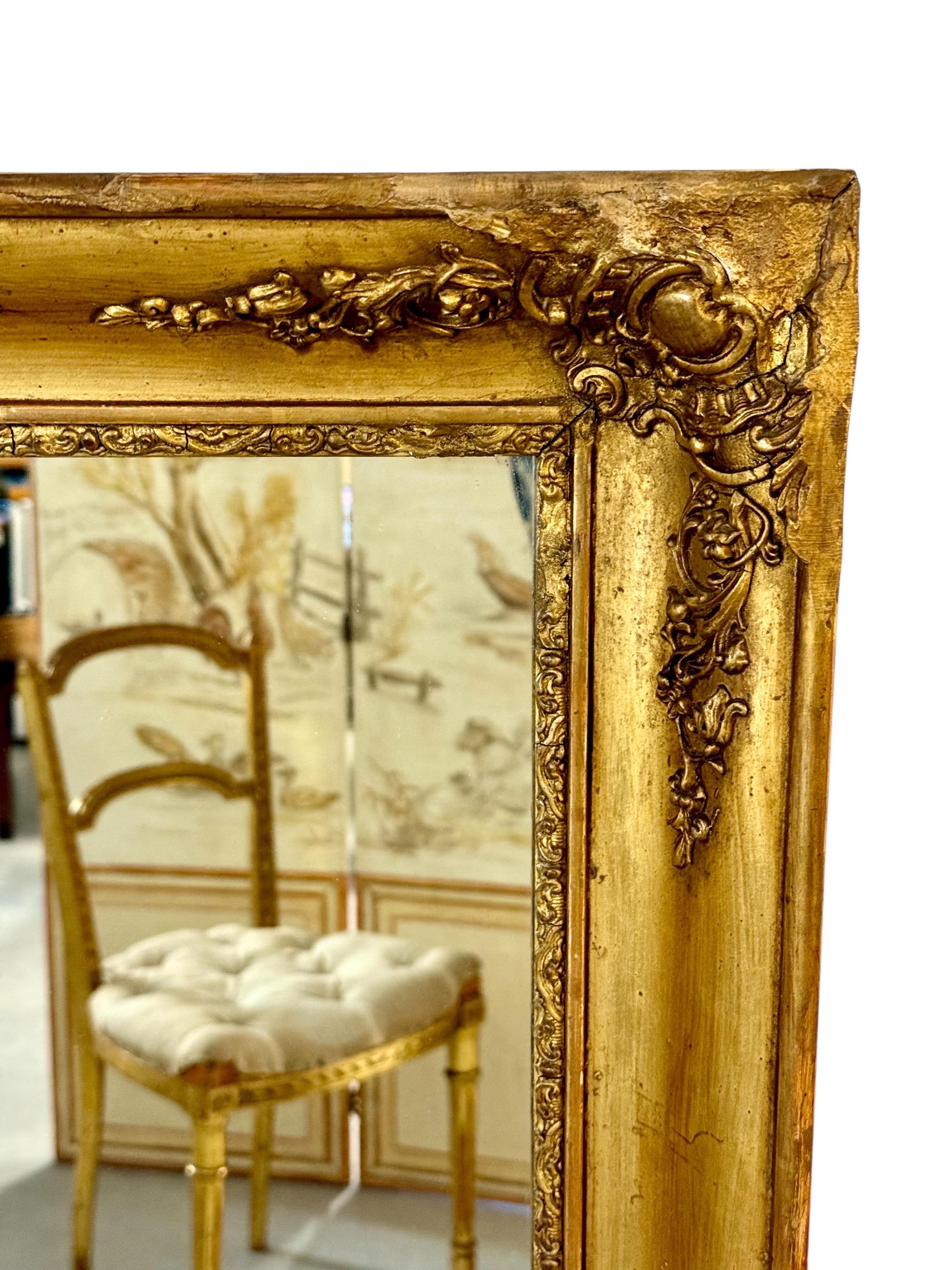 Giltwood Rectangular Napoleon III Gilded Mirror with Rococo Carvings, France circa 1860 For Sale