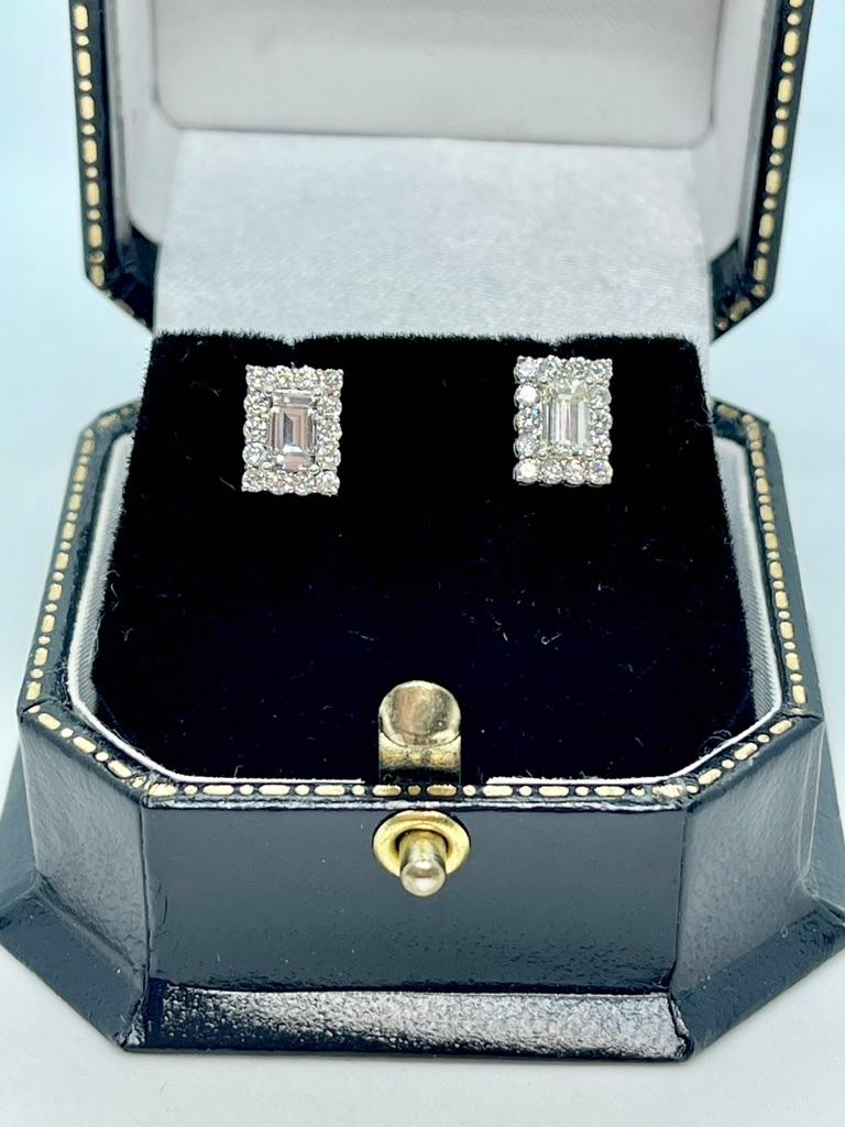 Contemporary Rectangular Natural Baguette Round Diamond Stud Earrings 18ct Carat White Gold For Sale