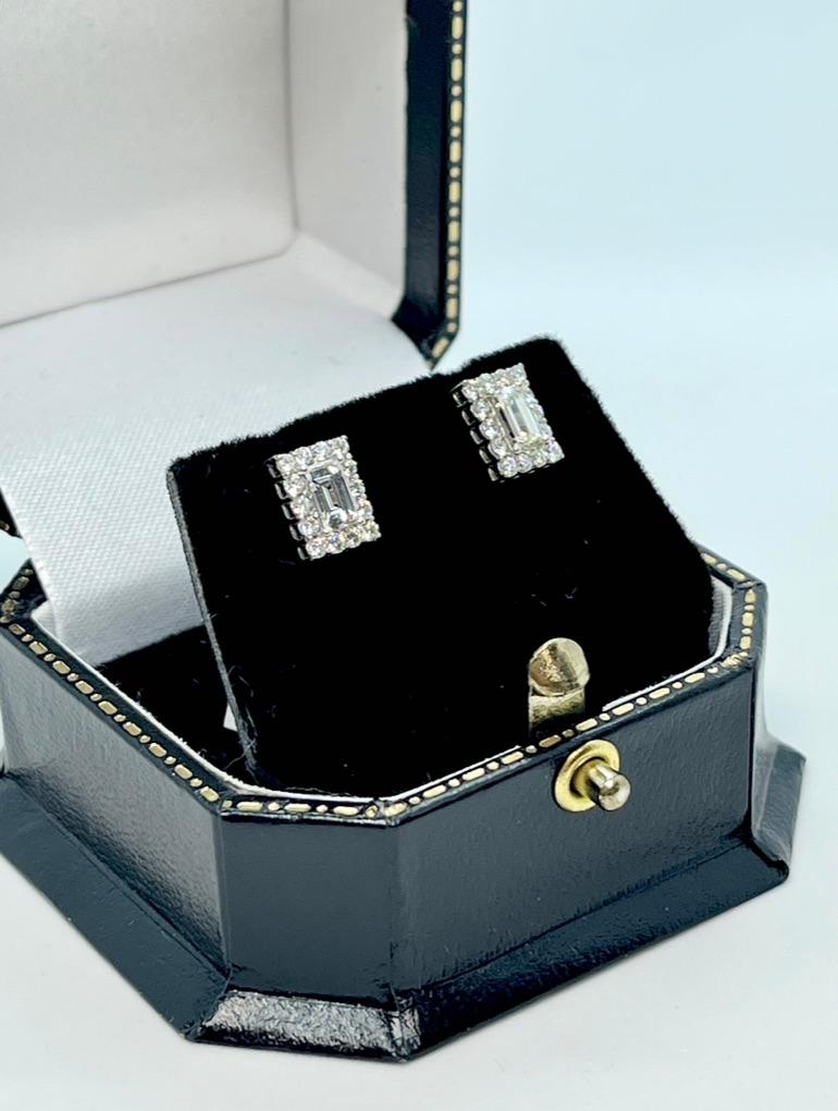 Baguette Cut Rectangular Natural Baguette Round Diamond Stud Earrings 18ct Carat White Gold For Sale