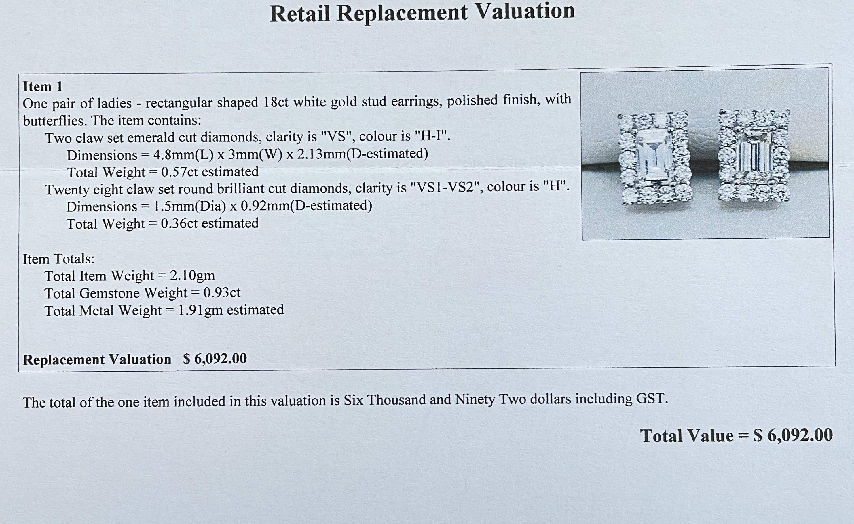 Rectangular Natural Baguette Round Diamond Stud Earrings 18ct Carat White Gold In New Condition For Sale In Mona Vale, NSW