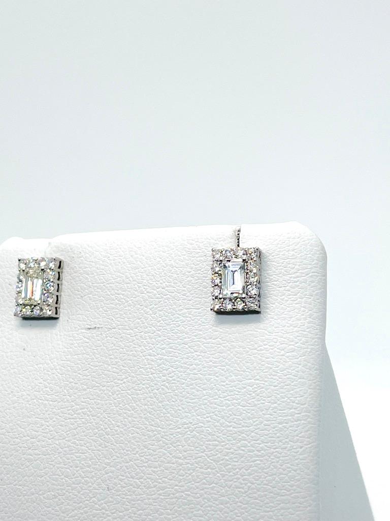 Rectangular Natural Baguette Round Diamond Stud Earrings 18ct Carat White Gold For Sale 1