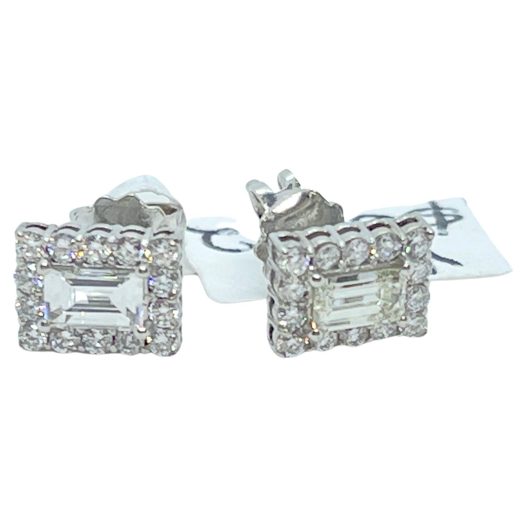 Rectangular Natural Baguette Round Diamond Stud Earrings 18ct Carat White Gold For Sale