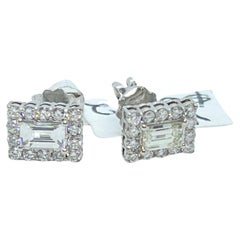 Rectangular Natural Baguette Round Diamond Stud Earrings 18ct Carat White Gold