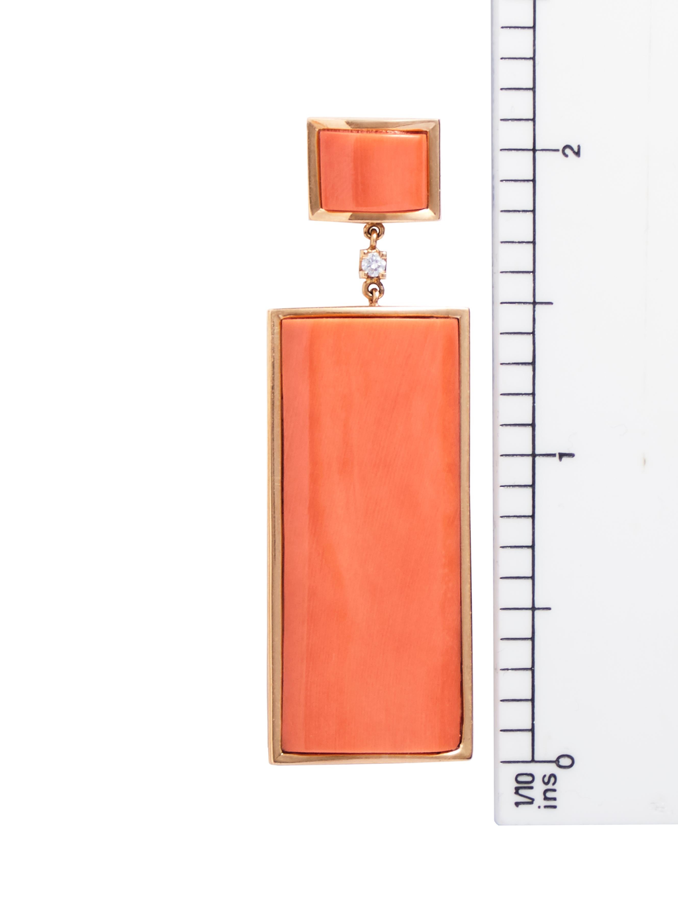 Contemporary Rectangular Natural Coral Earrings in 18 Karat Yellow Gold