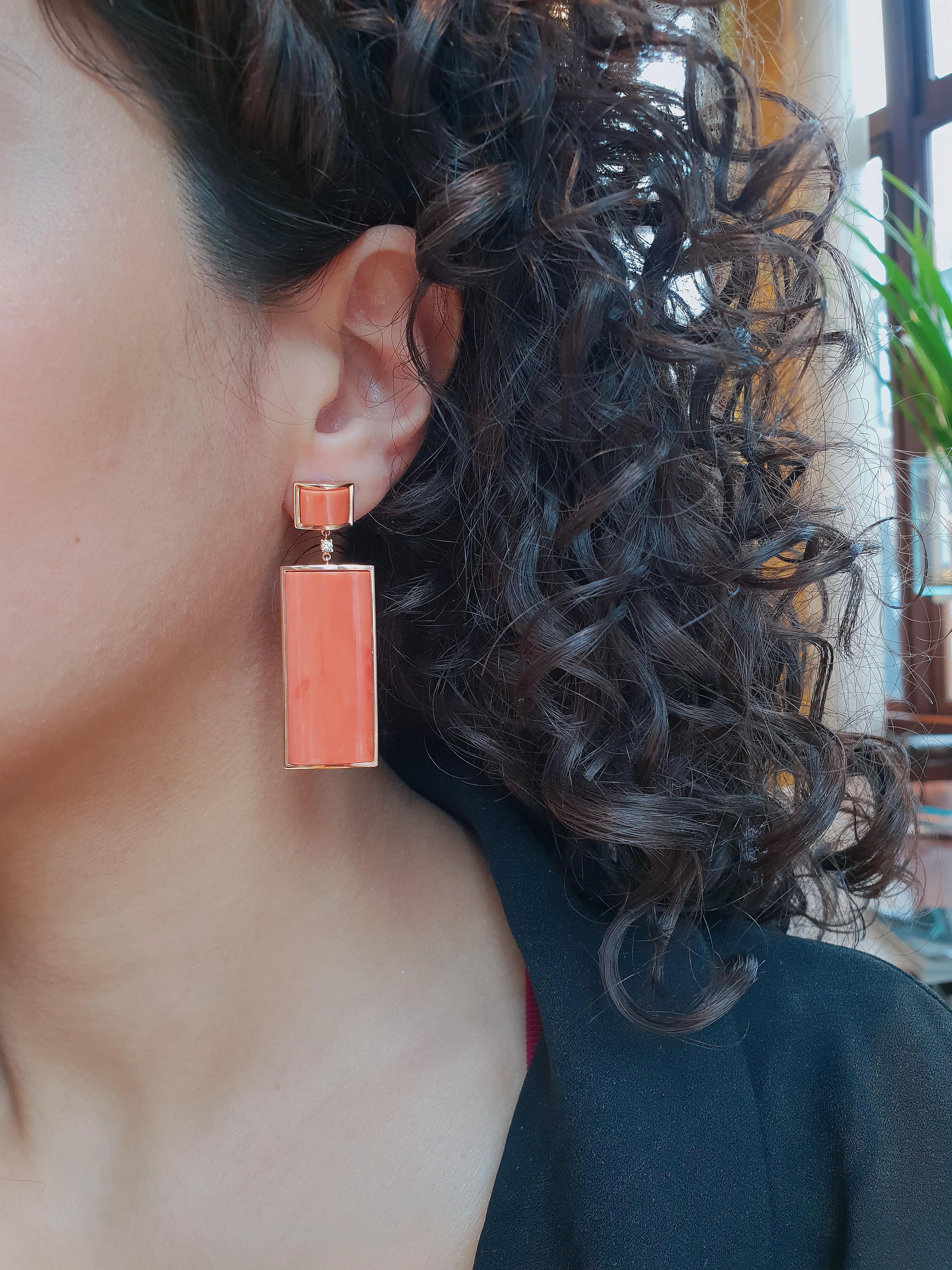 Mixed Cut Rectangular Natural Coral Earrings in 18 Karat Yellow Gold