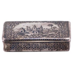 Rectangular nickel silver snuff box with illustrated African landscape