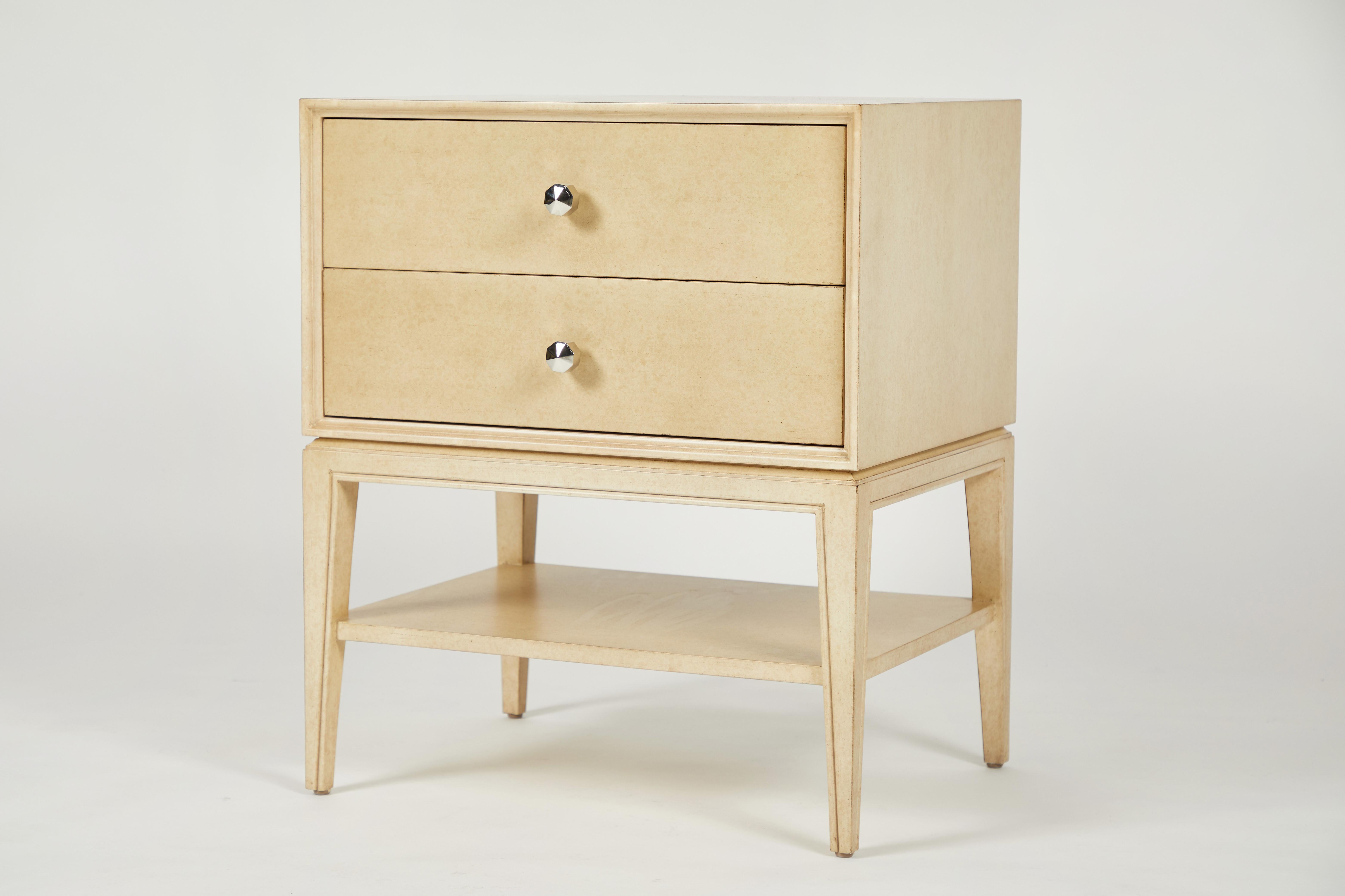 Stunning transitional custom made nightstand. It has two drawers and an open shelf below.
Versatile design and coloration suitable for many types of interior spaces.