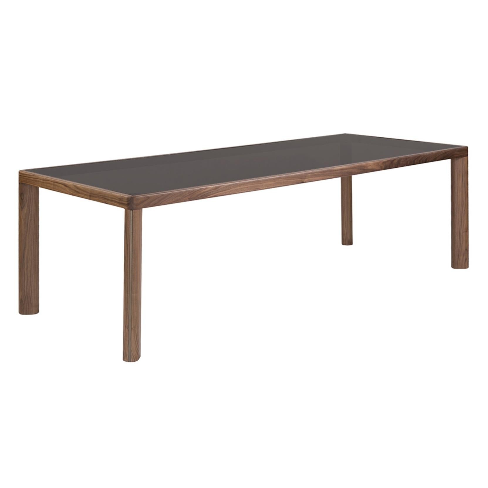 Table de salle à manger rectangulaire avec plateau en verre bronze et détails en métal en vente 7