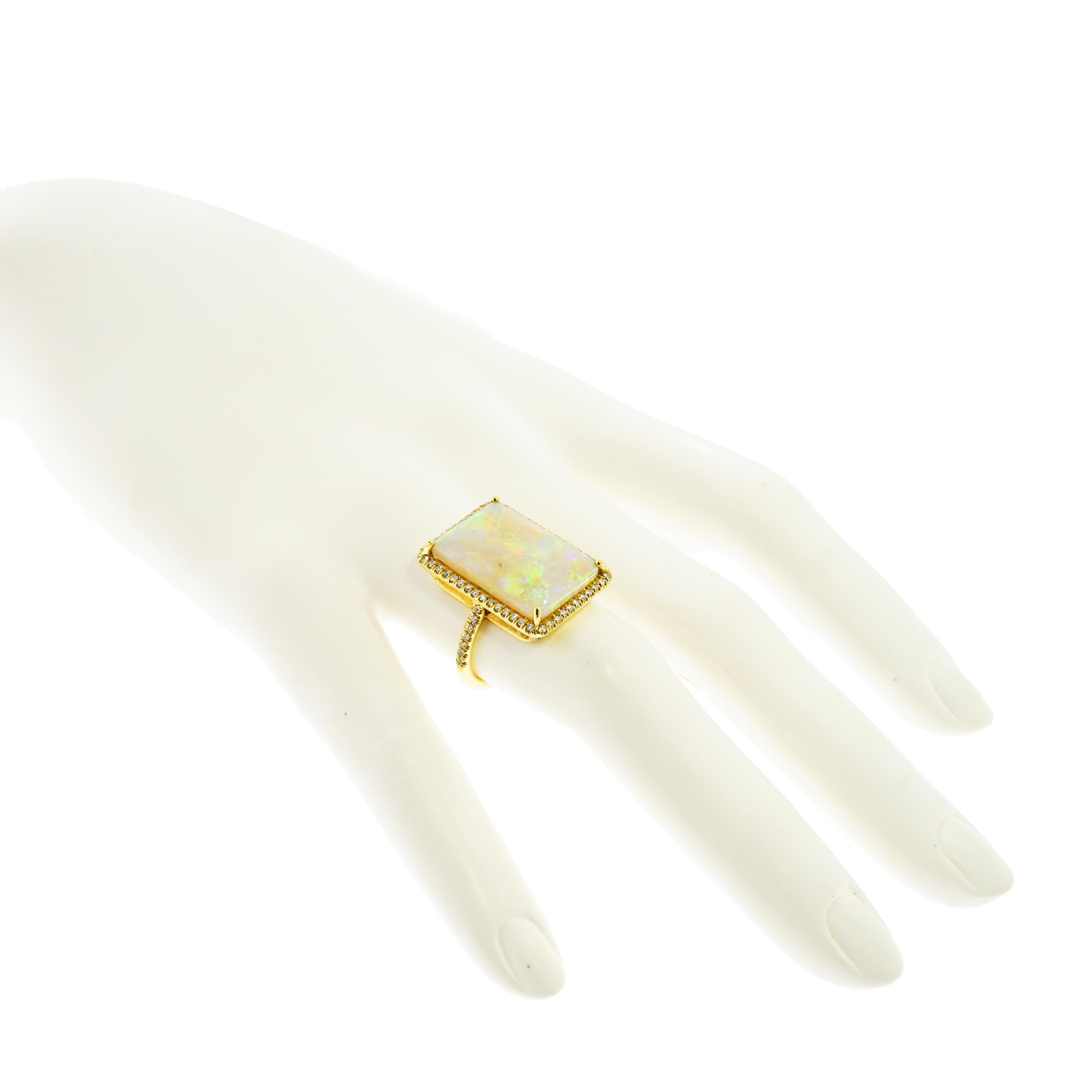 Rectangular Opal and Diamond Yellow Gold Ring In New Condition In Greenwich, CT