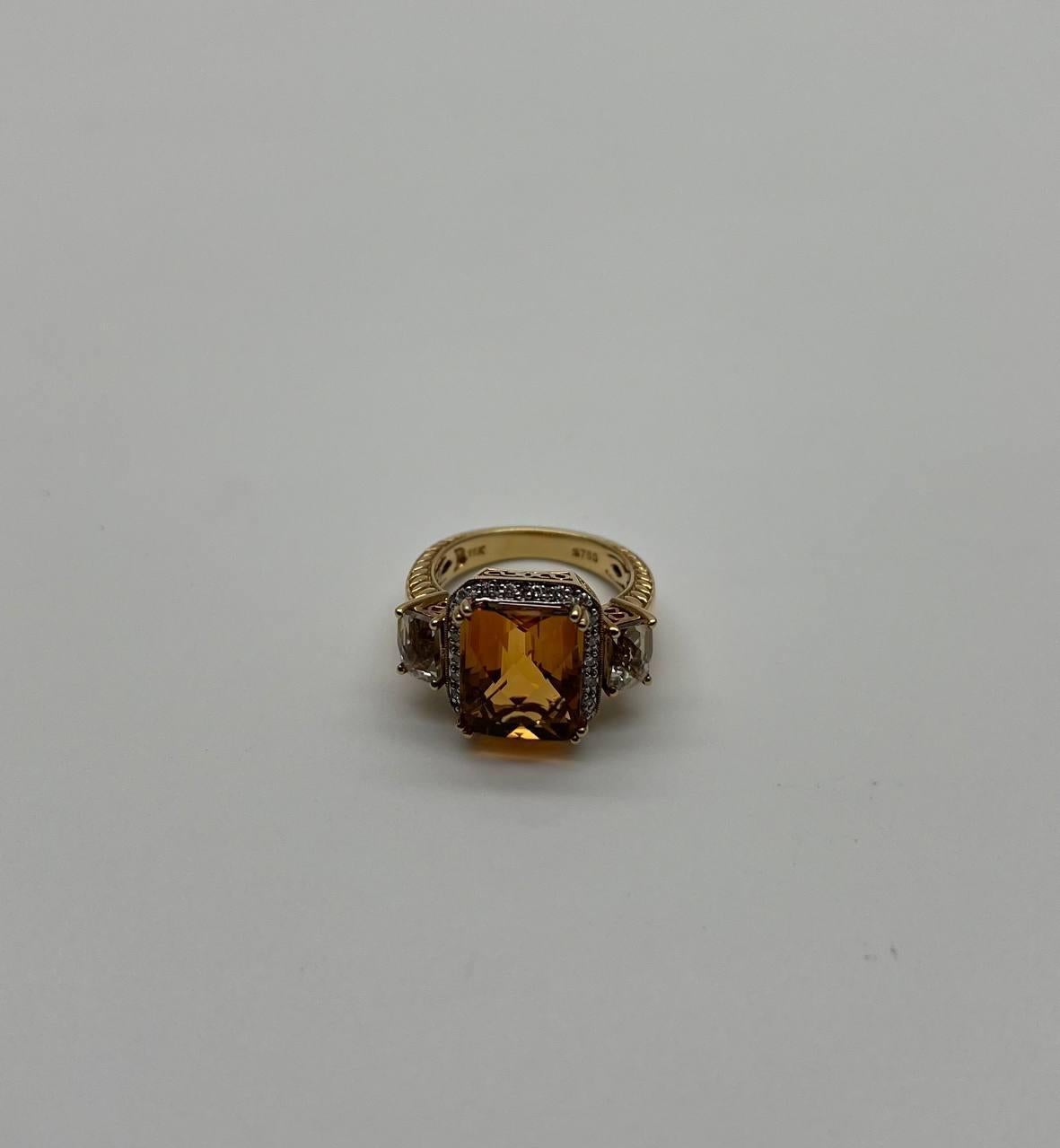 Anello rettangolare in oro 18 carati con diamante aureolato e citrino arancione in vendita 3