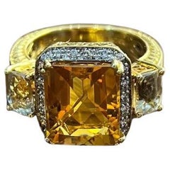 Bague fantaisie en or 18 carats, citrine orange, diamant, halo de quartz sur les côtés