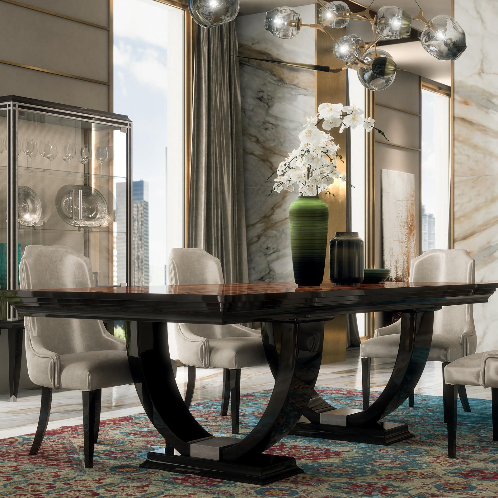 The attractive design of the new Oscar collection adapts to settings with an exquisitely contemporary and cosmopolitan flavor. This rectangular table has a sturdy structure and features a splendid polished finish and silver leaf detail on the
