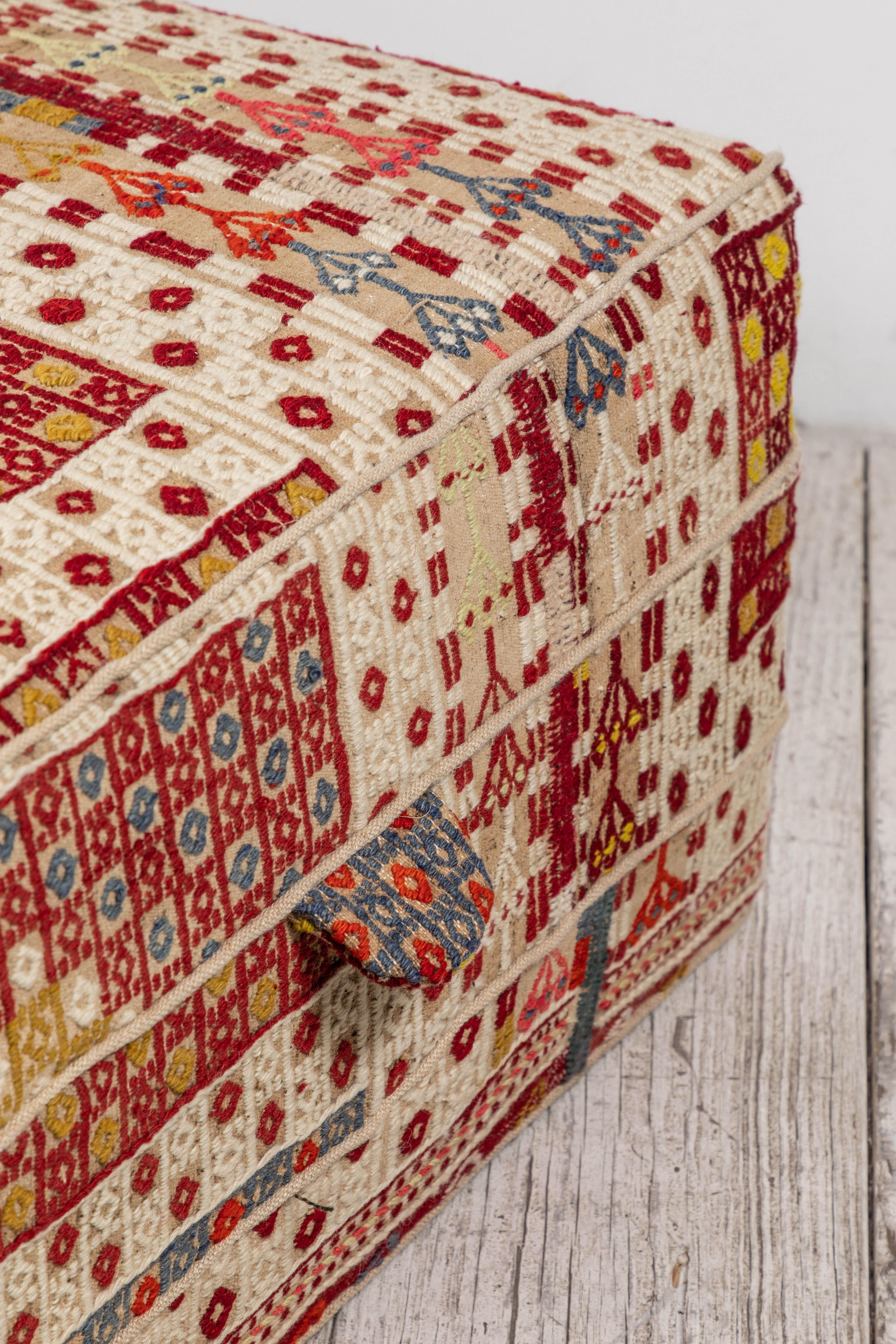 Contemporary Rectangular Ottoman Upholstered in Vintage Rug