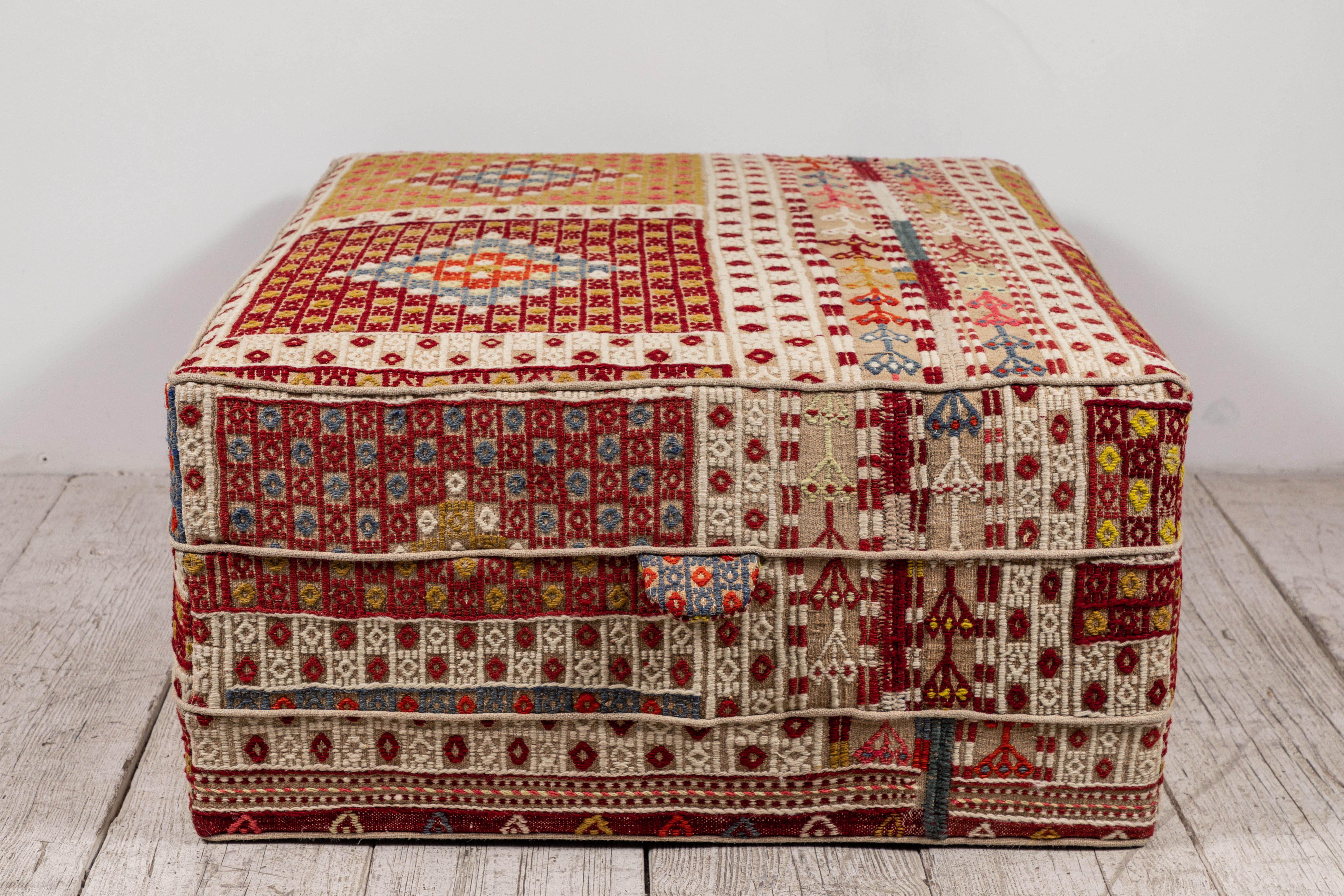 Rectangular Ottoman Upholstered in Vintage Rug 2