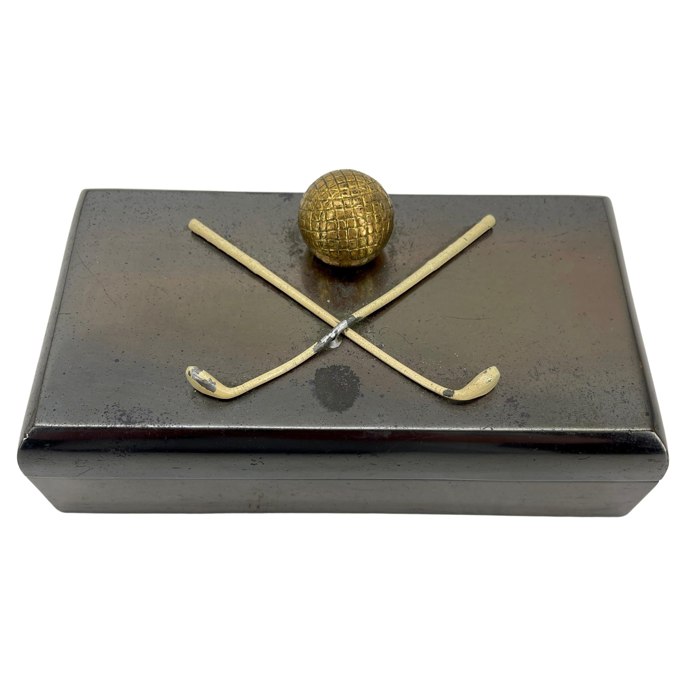 Mid-Century Modern Rectangular Patinated Bronze Art Deco Golf Themed Box For Sale