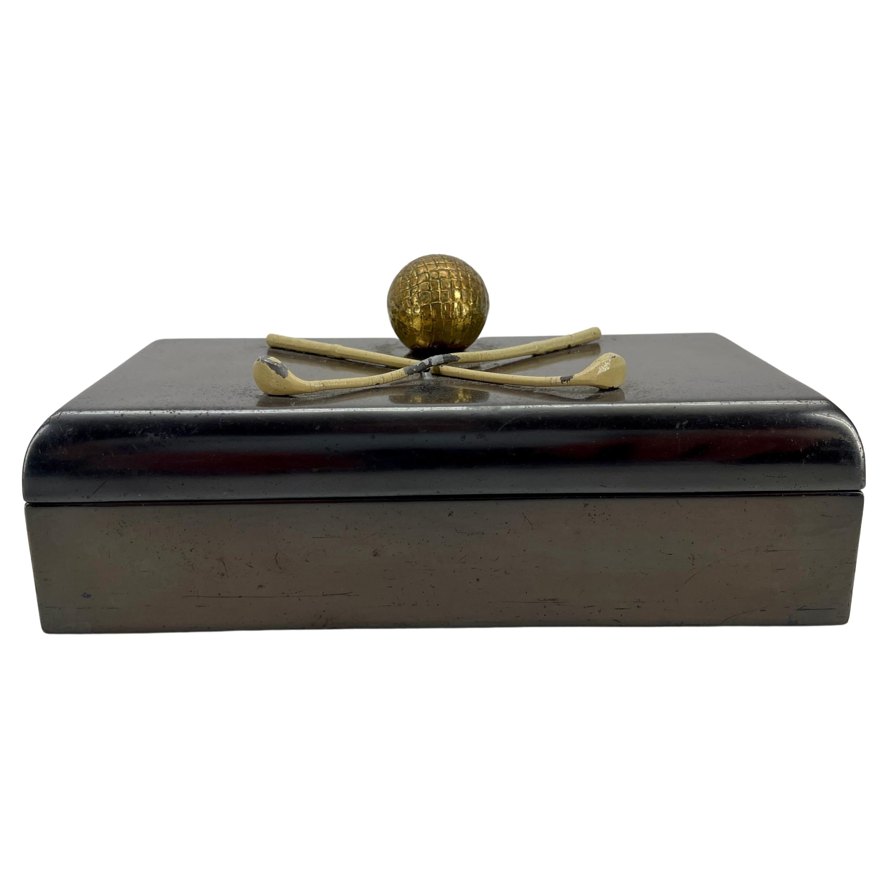 English Rectangular Patinated Bronze Art Deco Golf Themed Box For Sale