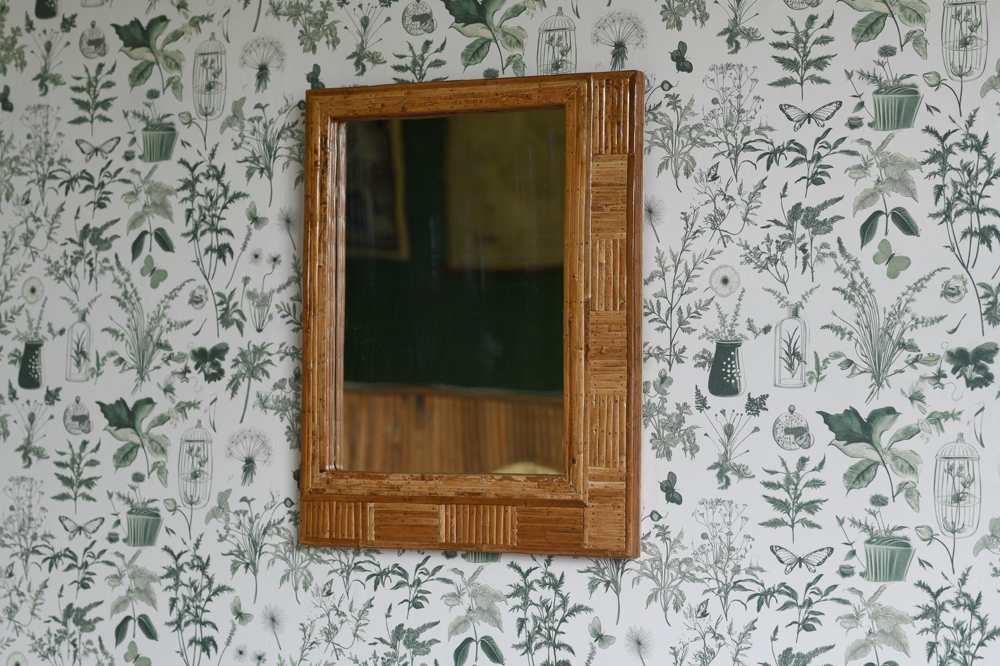 Mid-Century Modern Rectangular Patterned Cane Wall Mirror For Sale