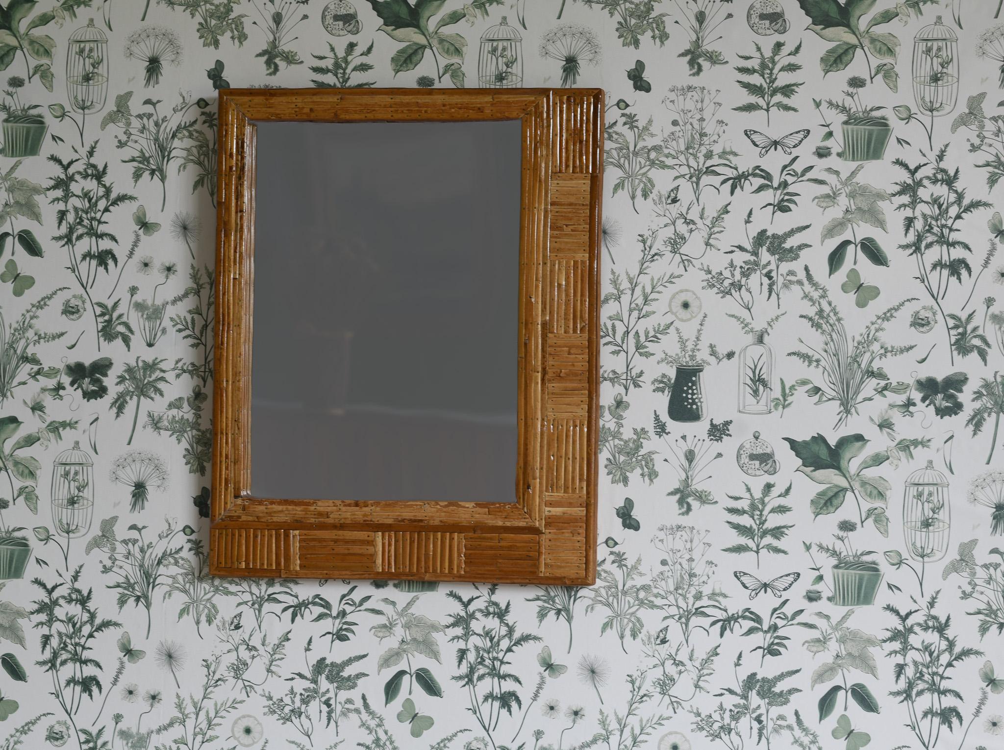 Hand-Crafted Rectangular Patterned Cane Wall Mirror For Sale