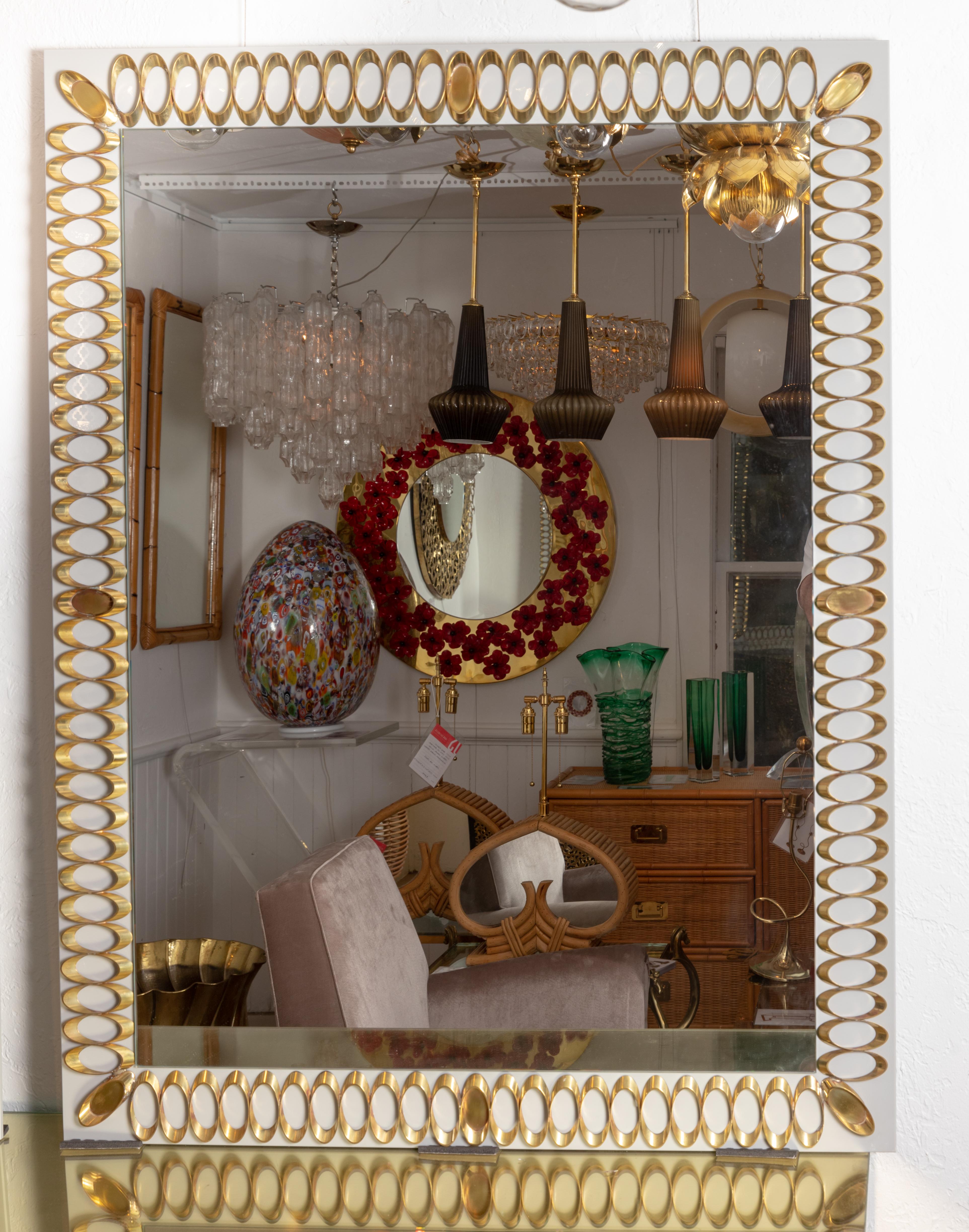 Italian Rectangular Pearl and Grey Glass Mirror with Brass Oval Decorative Design