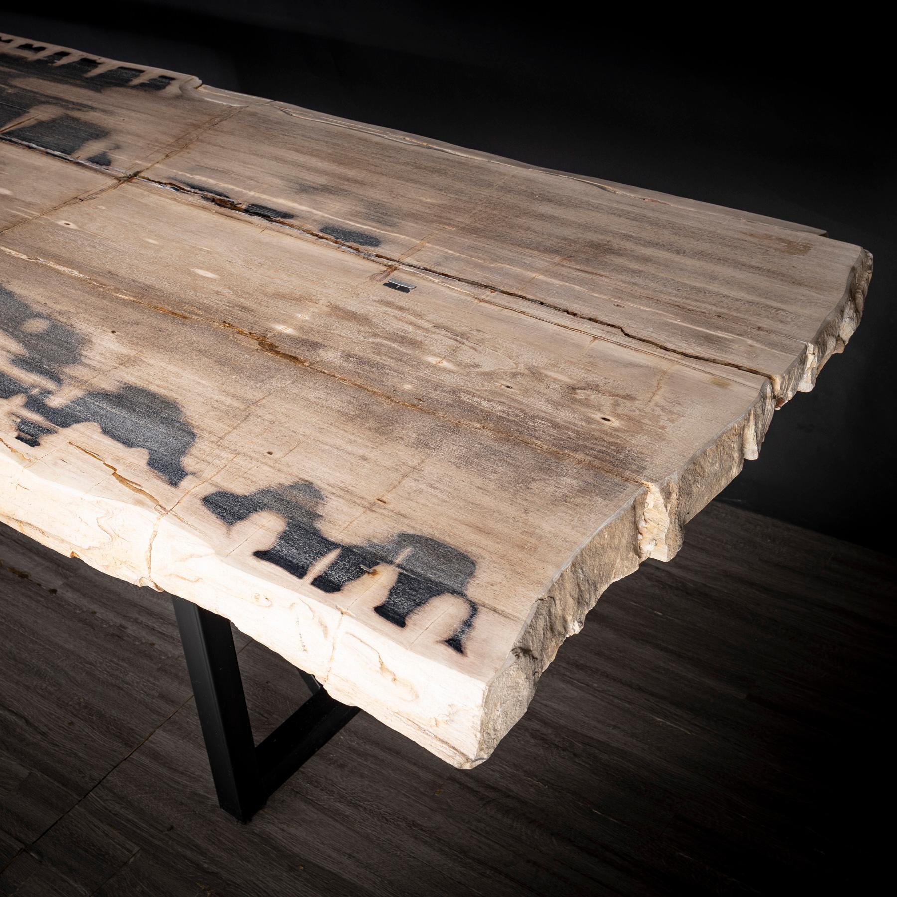 Organique Table de salle à manger rectangulaire en bois pétrifié avec base en métal en vente