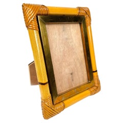 Vintage Rectangular Picture Frame in Bamboo, Rattan and Brass, Italy, 1970s