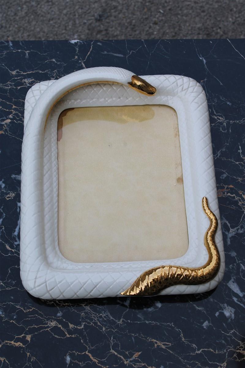 Italian Rectangular Picture Frame Tommaso Barbi Ceramic White Snake Gold, 1970s, Italy