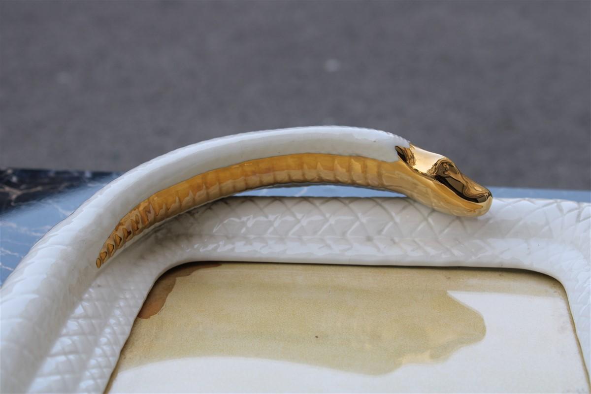 Rectangular Picture Frame Tommaso Barbi Ceramic White Snake Gold, 1970s, Italy In Good Condition In Palermo, Sicily