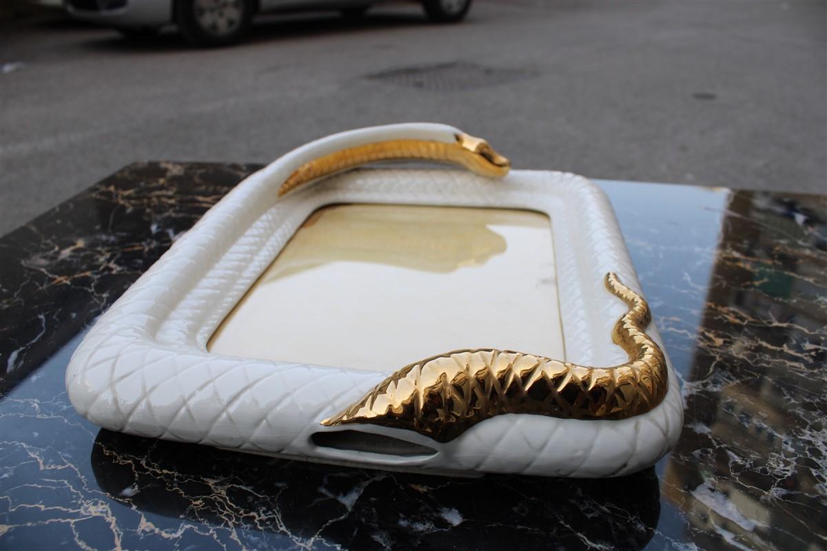 Late 20th Century Rectangular Picture Frame Tommaso Barbi Ceramic White Snake Gold, 1970s, Italy