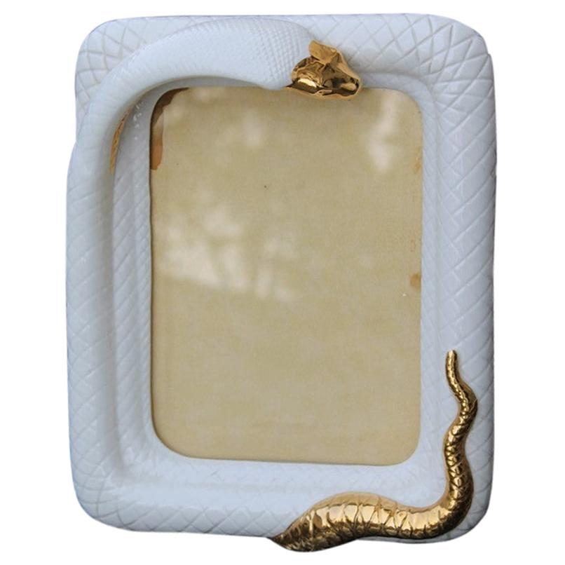 Rectangular Picture Frame Tommaso Barbi Ceramic White Snake Gold, 1970s, Italy