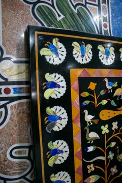 Rectangular Pietre Dure Classical Mosaic Black Marble Table Top with Lapis Inlay
