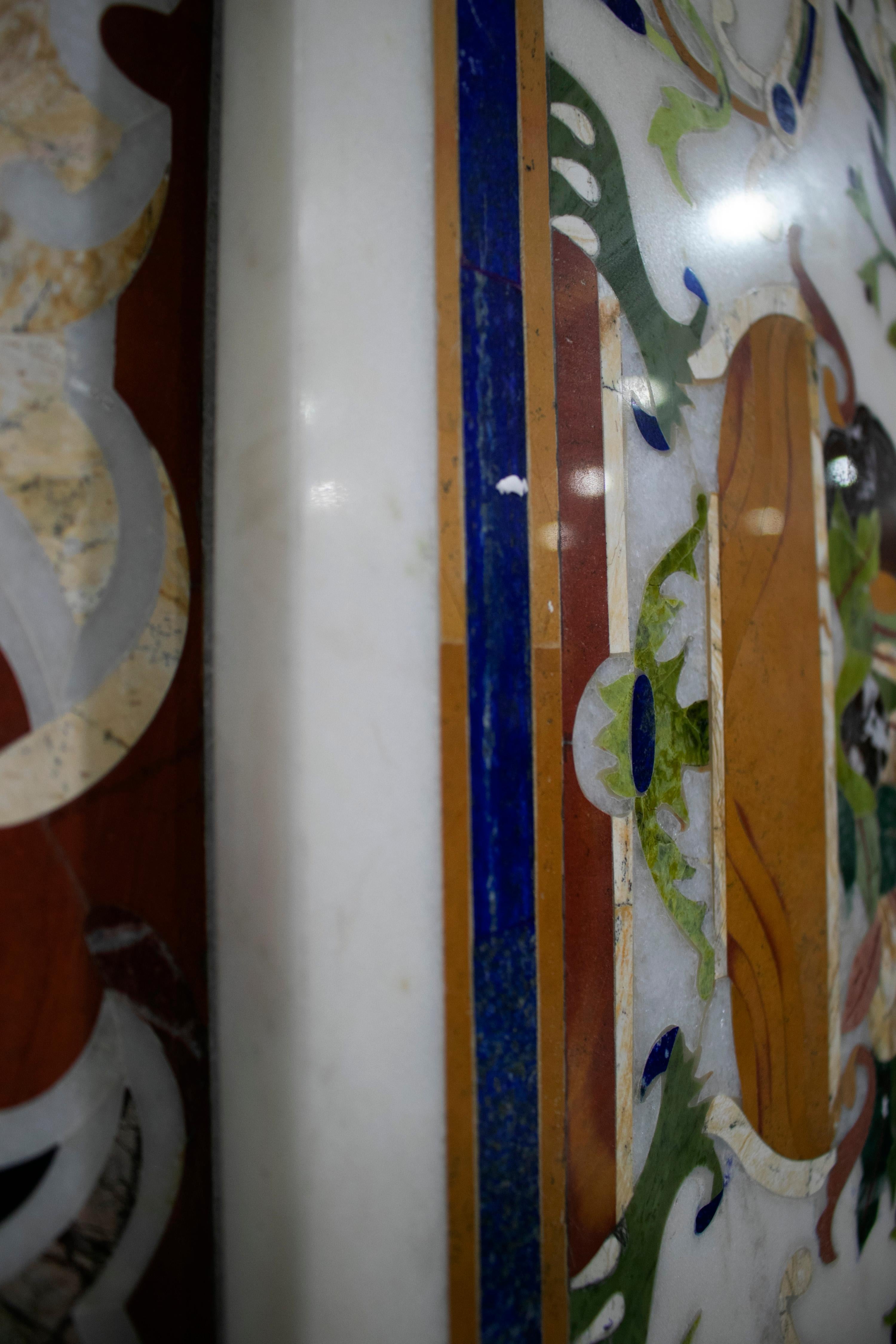 Rectangular Pietre Dure Classical Mosaic White Marble Table Top In Good Condition In Marbella, ES